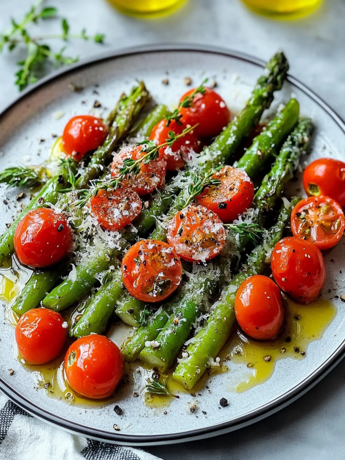 Öl-gerösteter grüner Spargel mit Parmesan und Tomaten