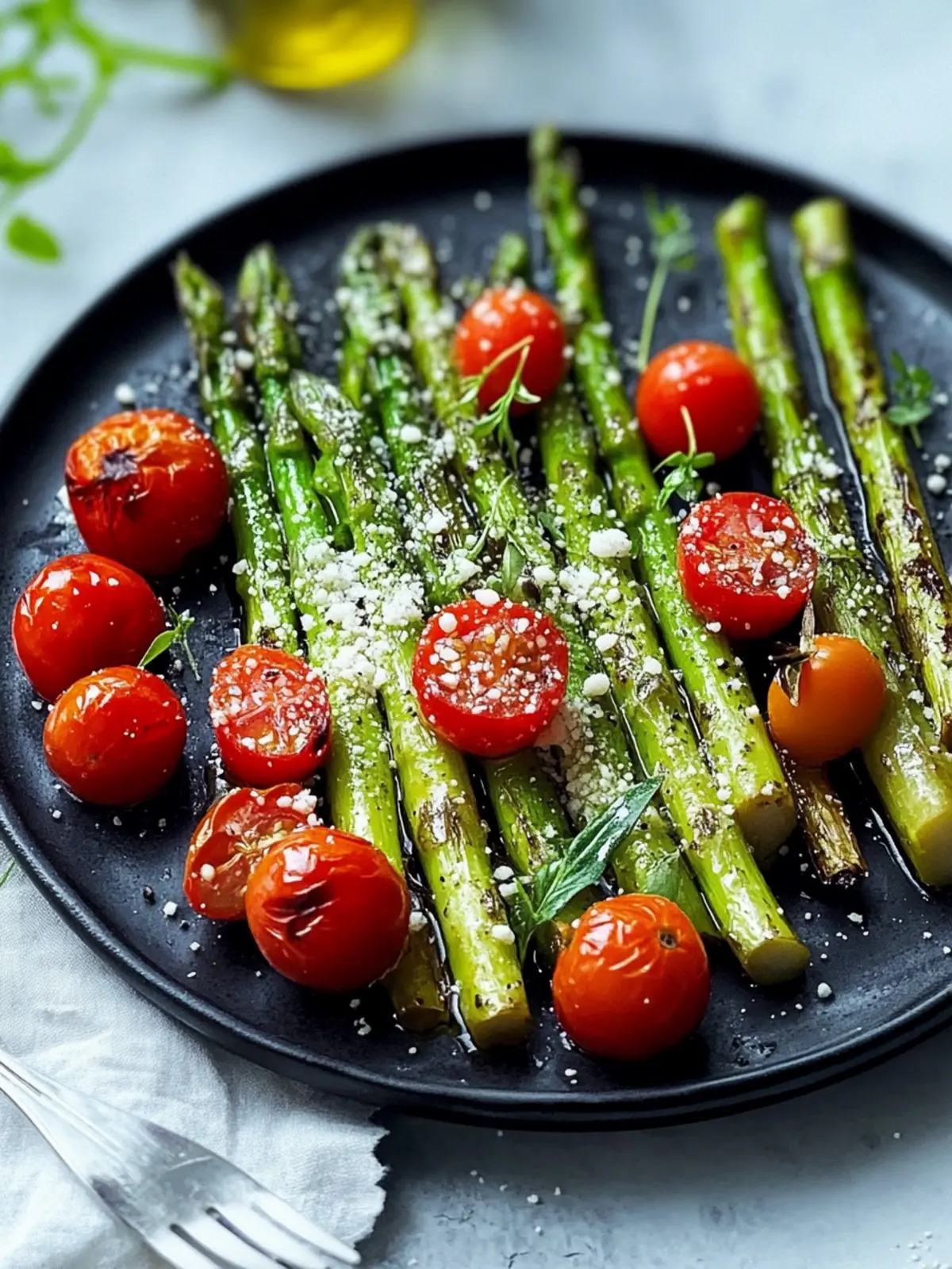 Öl-gerösteter grüner Spargel mit Parmesan und Tomaten