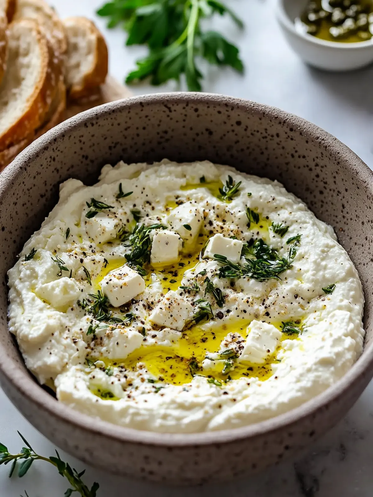 Genießen Sie dieses einfache Rezept für Kräuter- und Fetadip mit Olivenöl