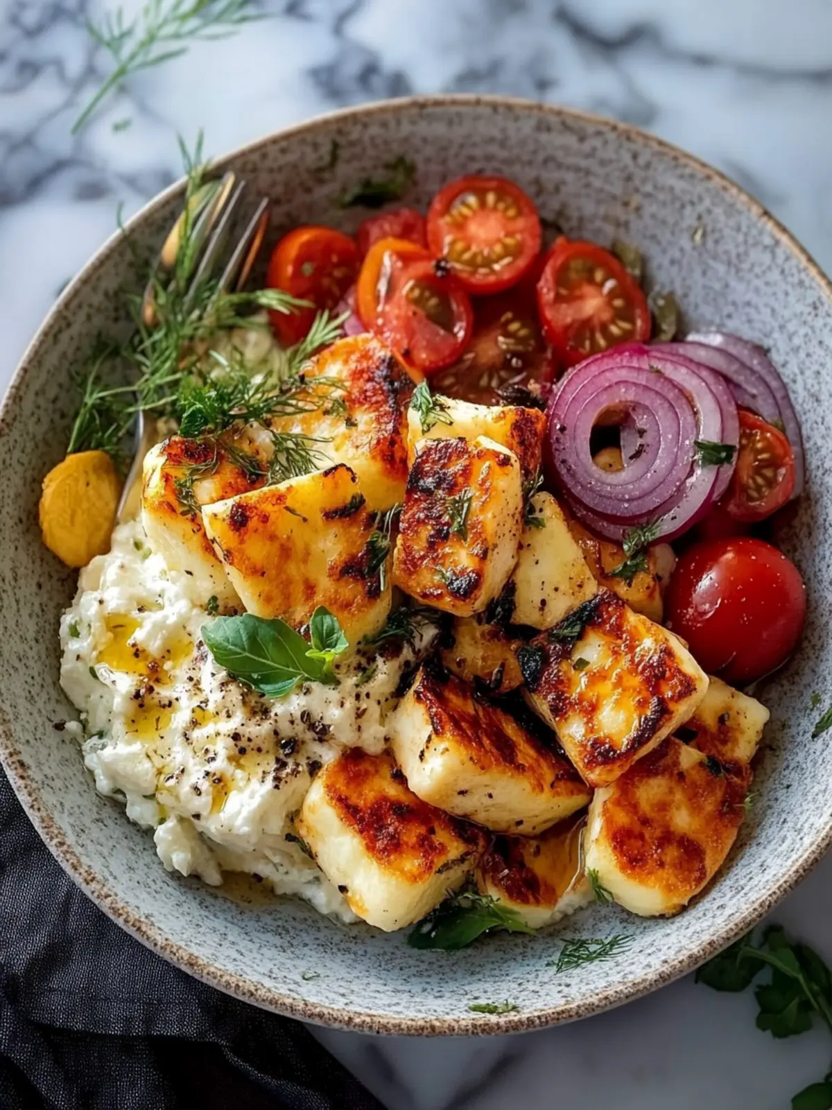 Knusprige Halloumi Gemüse Reis Schüssel