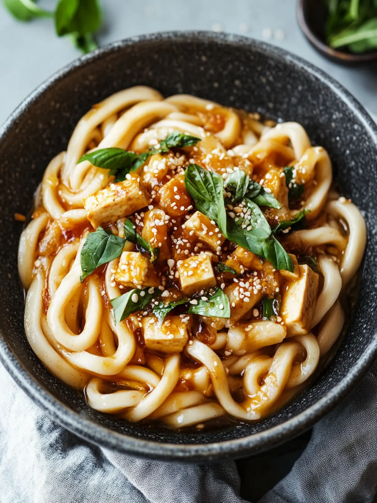 Udon-Nudeln mit Erdnusssauce und Tofu