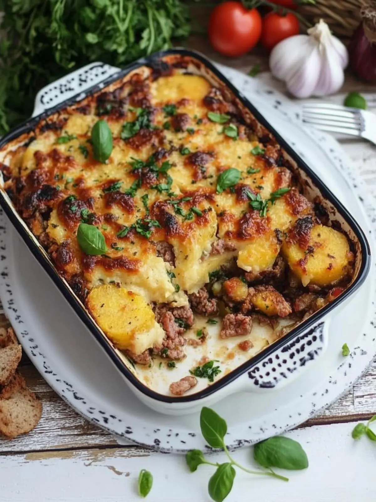 Kartoffelbrei-Auflauf mit Fleisch und Gemüse