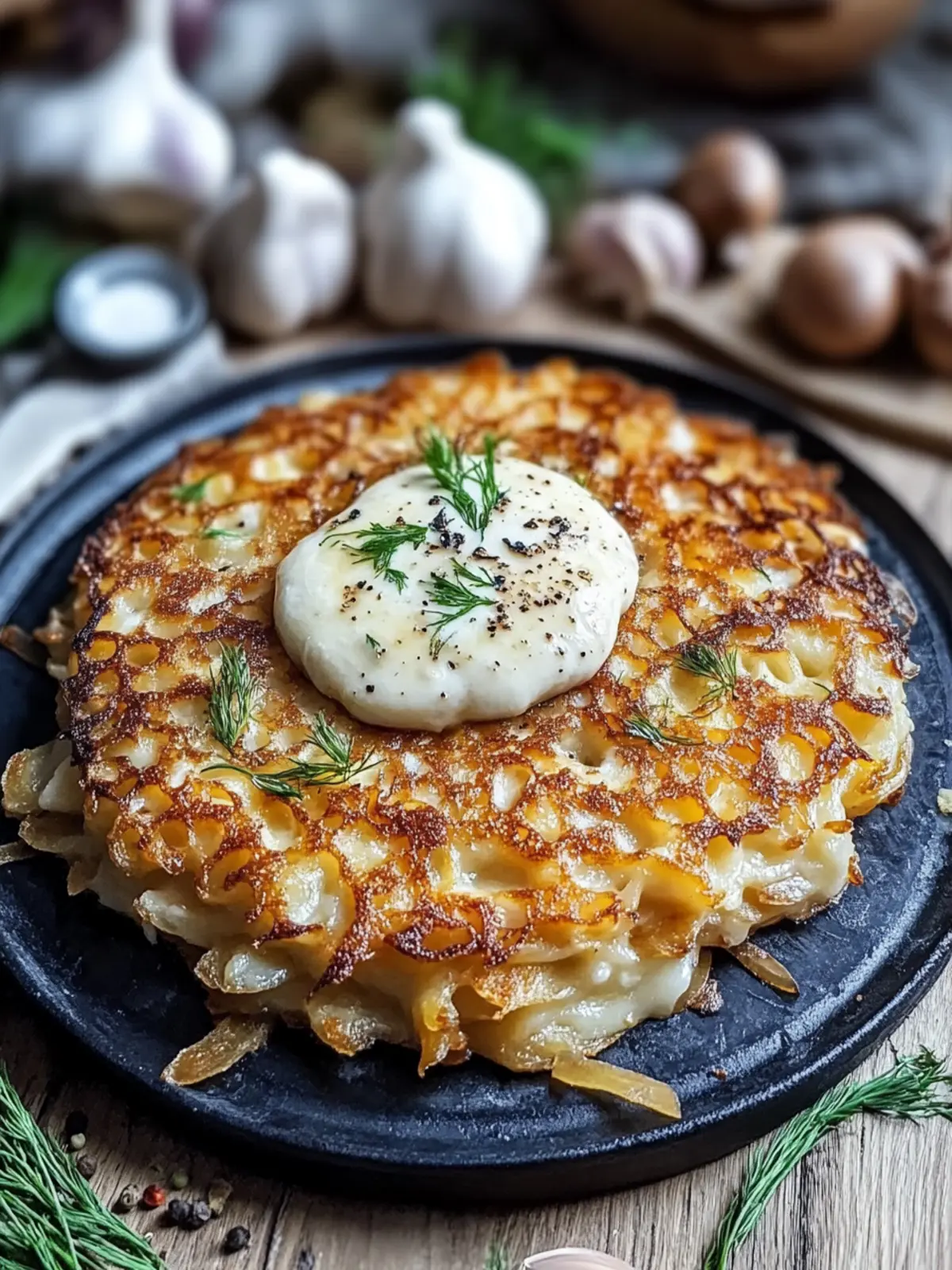 Entdecken Sie Mozzarella-Rösti mit cremiger Zwiebel- und Pilzsauce.