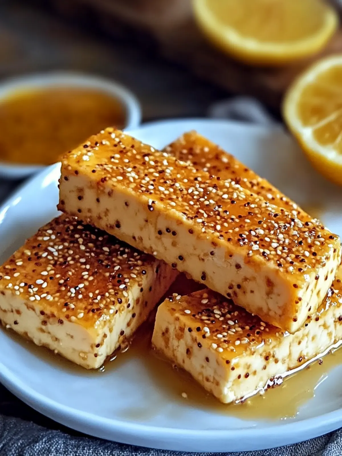 knusprige gebackene Honig-Senf Tofu-Streifen