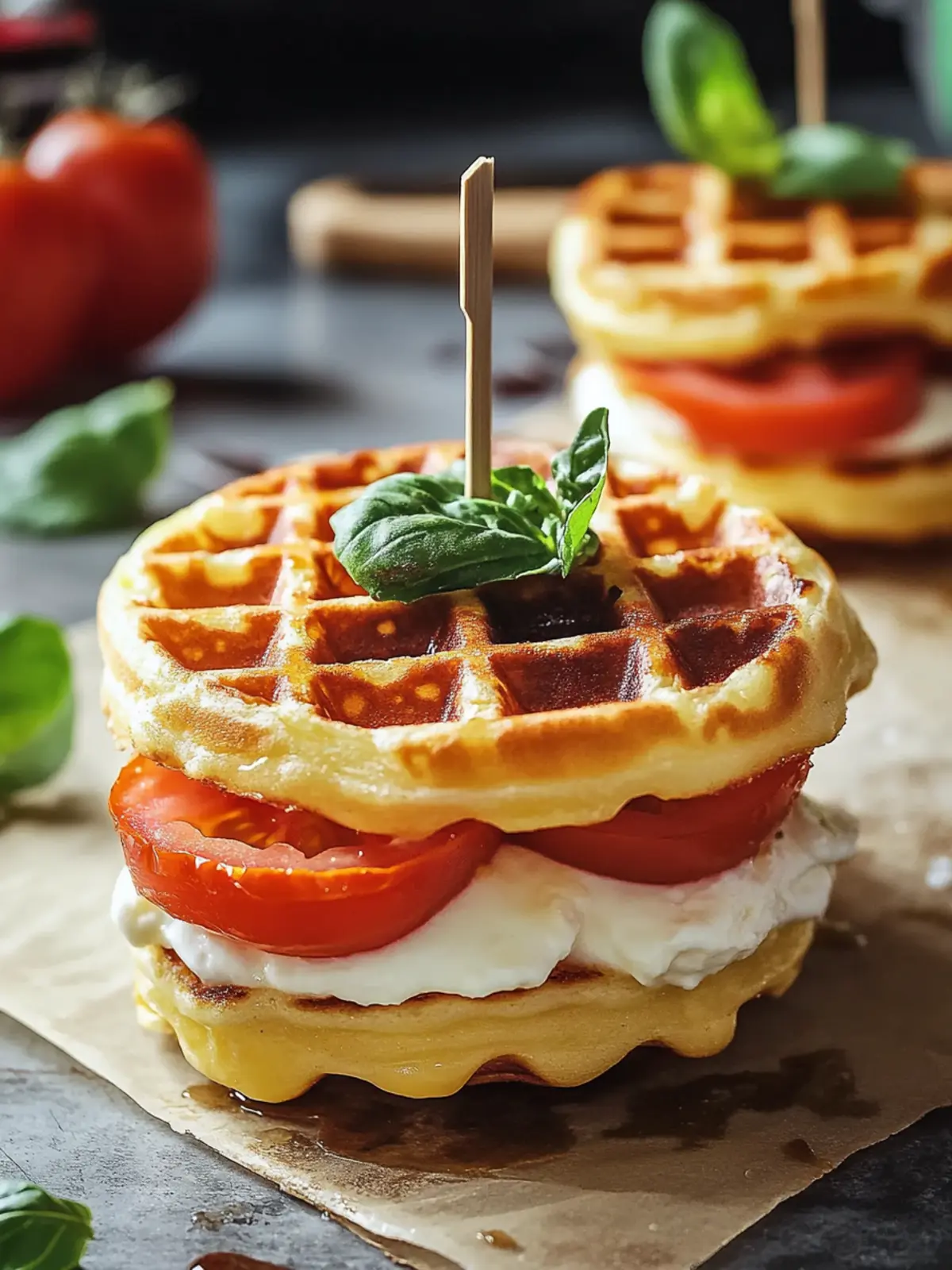 Mini Waffel Burger mit Tomate und Mozzarella