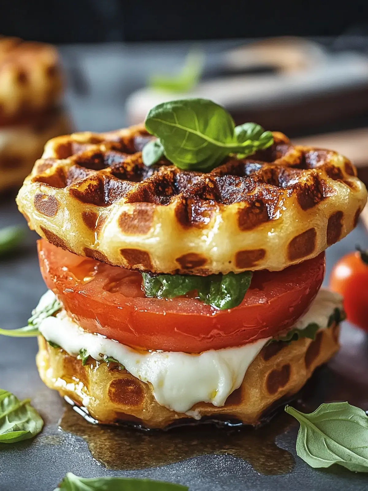 Mini Waffel Burger mit Tomate und Mozzarella