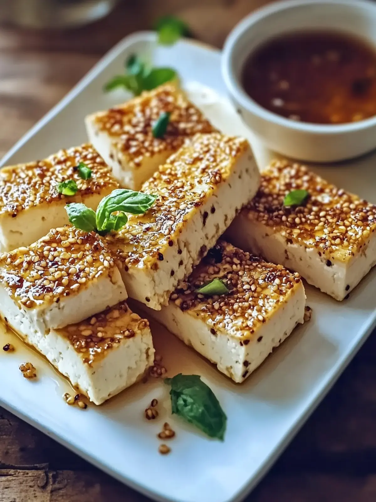 knusprige gebackene Honig-Senf Tofu-Streifen