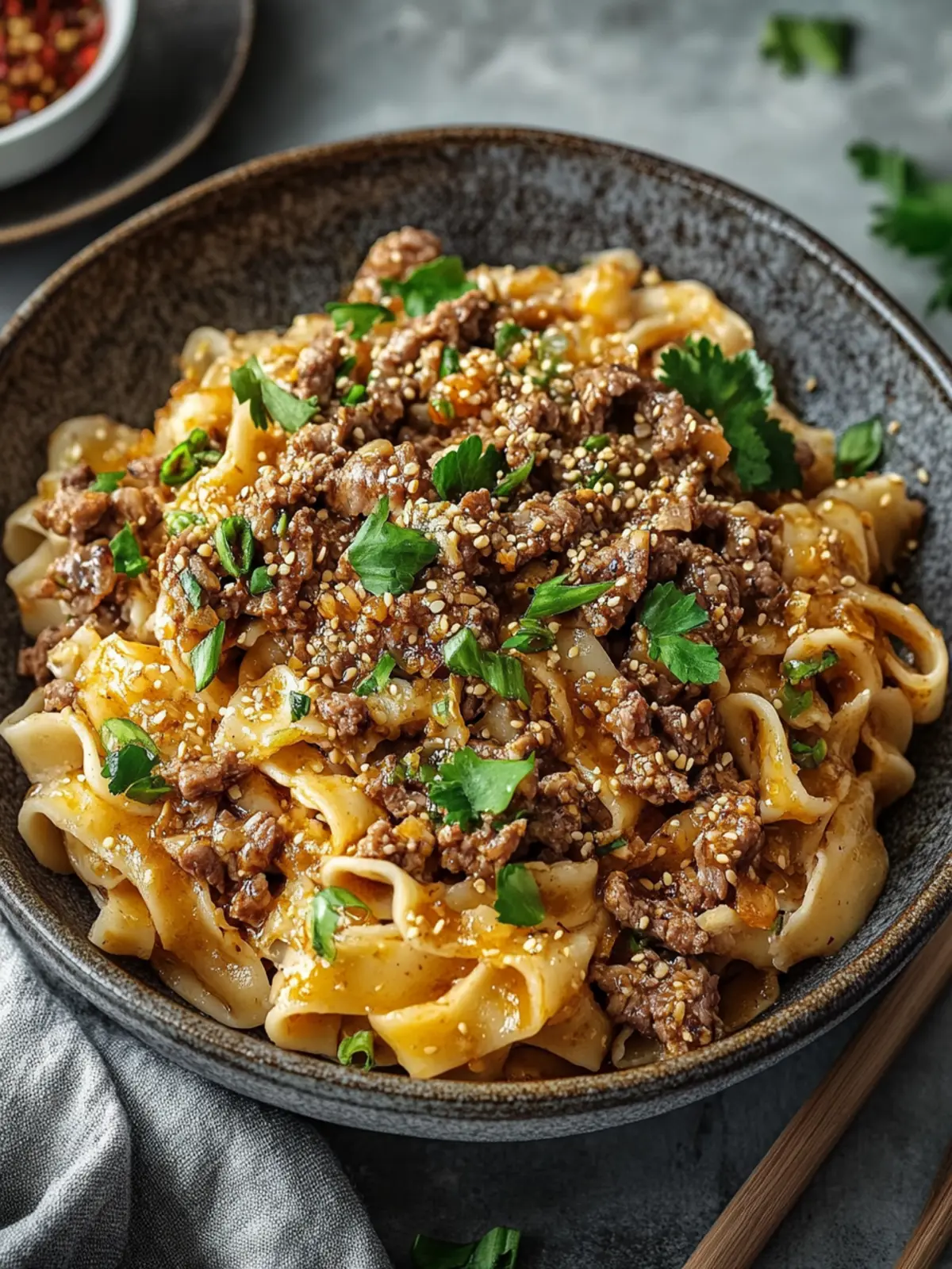 Mongolisches Rinderhackfleisch-Nudeln