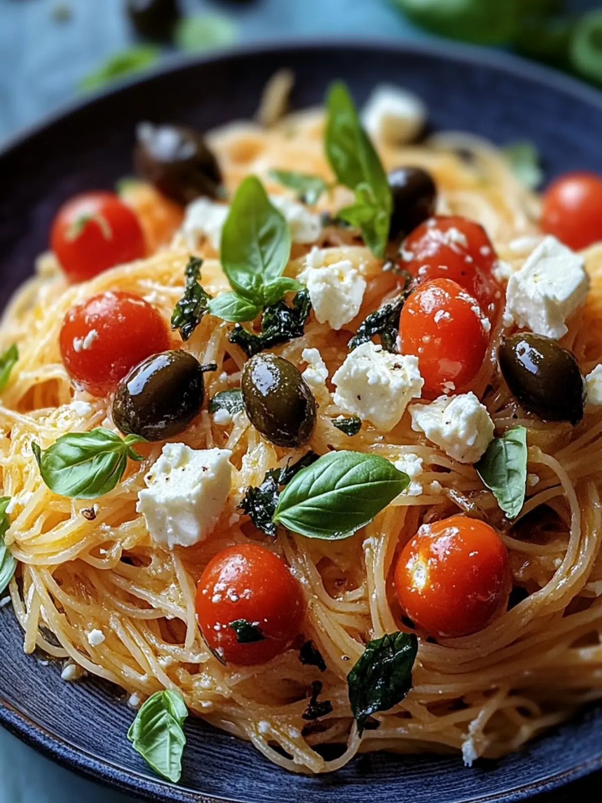 griechische Reisnudeln mit Tomaten, Feta und Oliven