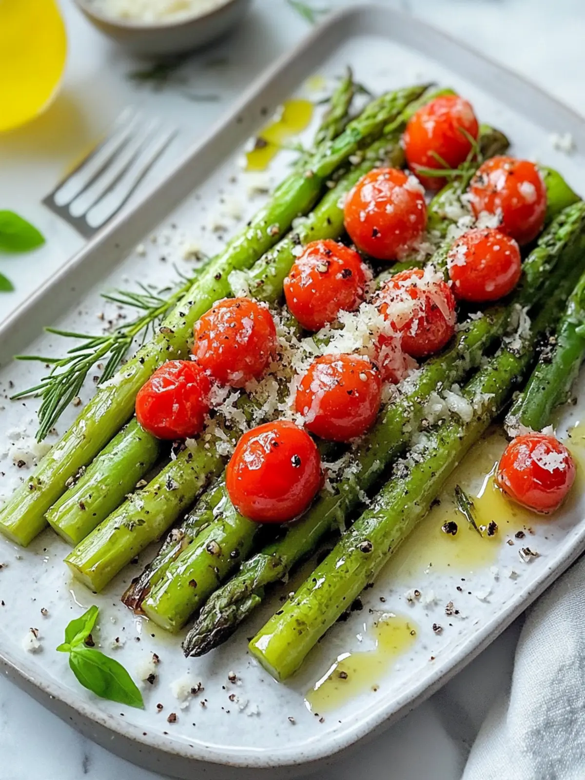 Öl-gerösteter grüner Spargel mit Parmesan und Tomaten