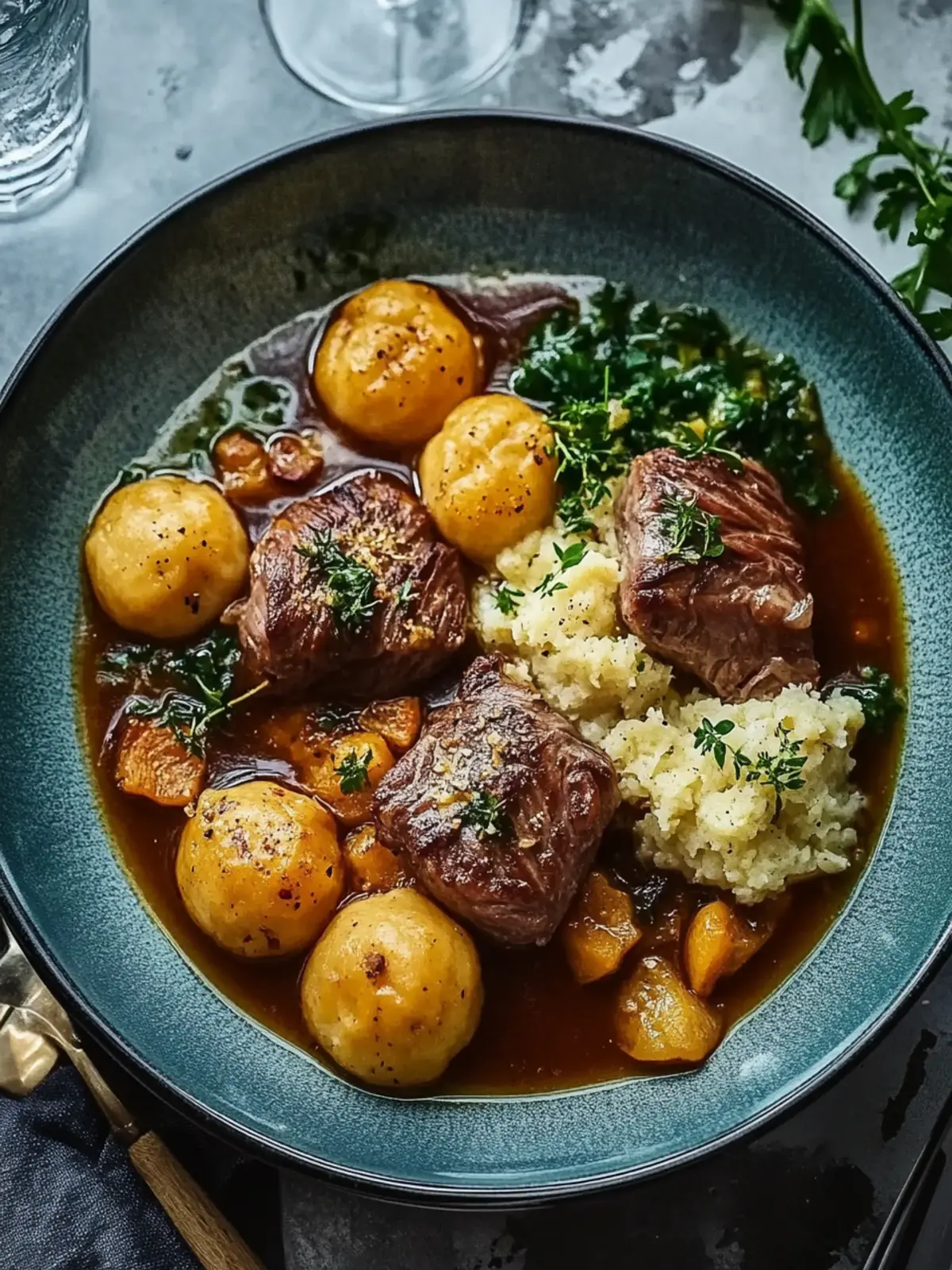 Rindfleisch Eintopf und Knödel