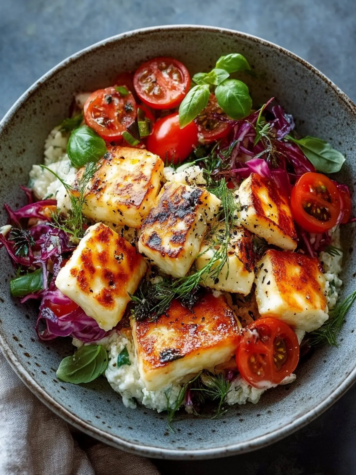Knusprige Halloumi Gemüse Reis Schüssel