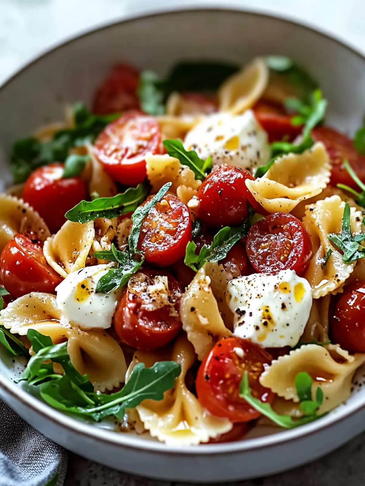 Leckere Nudelsalat mit Mozzarella, getrockneten Tomaten und Rucola
