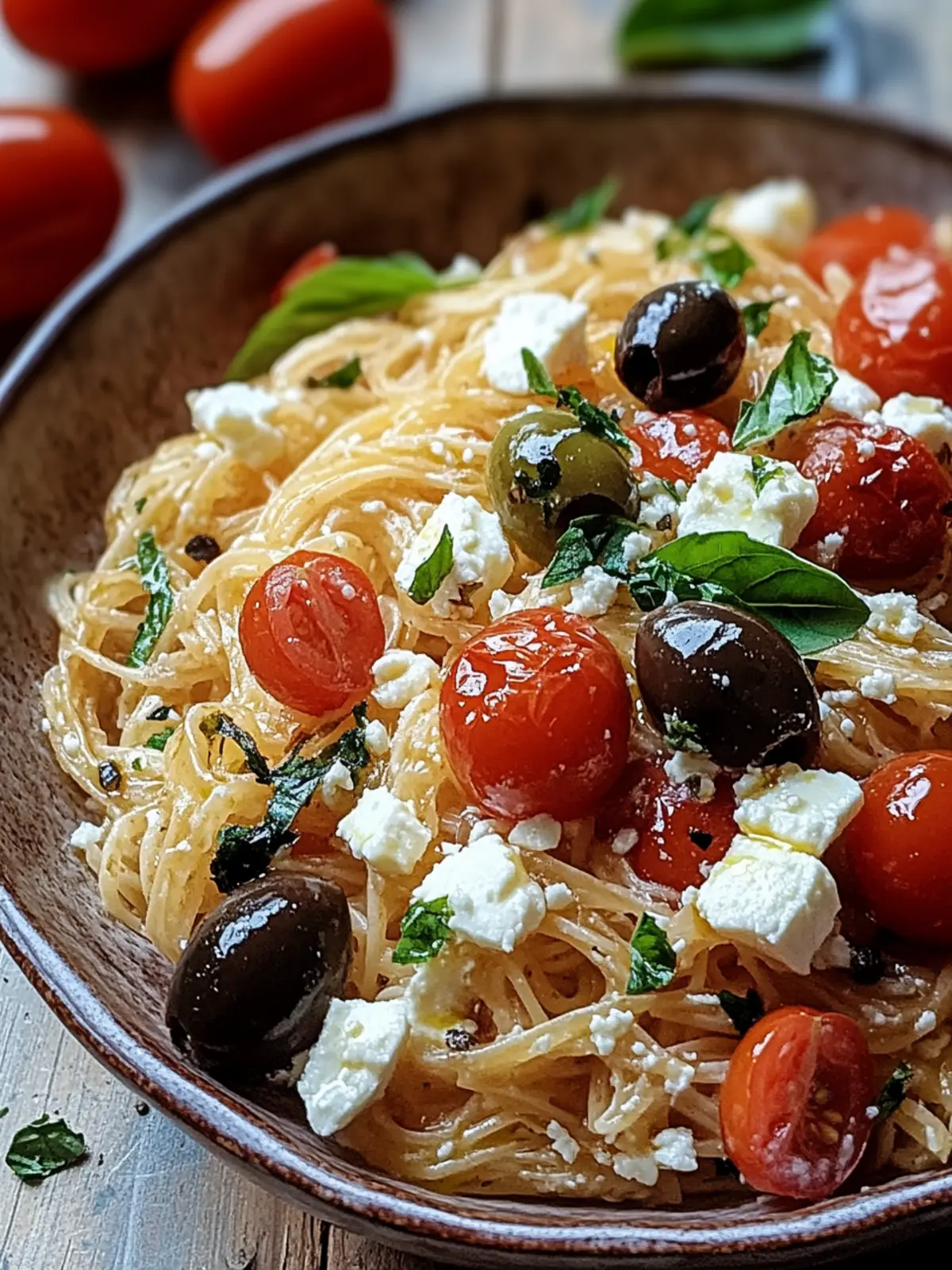 griechische Reisnudeln mit Tomaten, Feta und Oliven