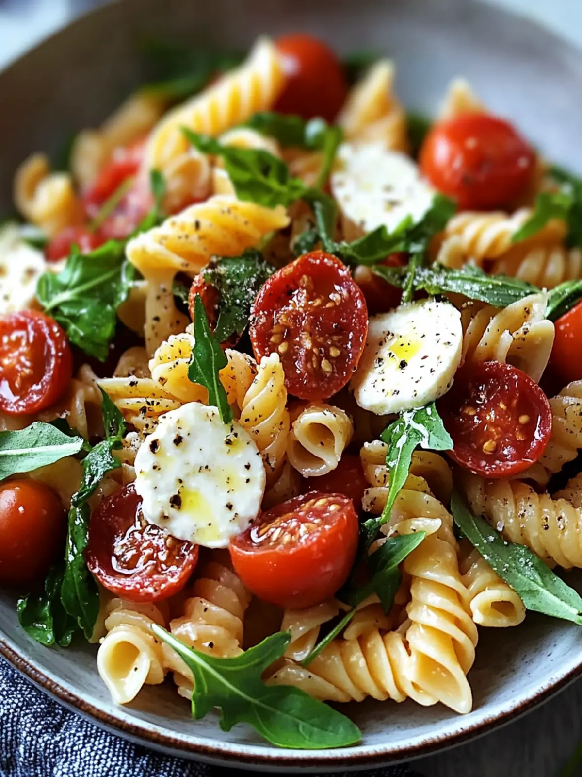 Leckere Nudelsalat mit Mozzarella, getrockneten Tomaten und Rucola