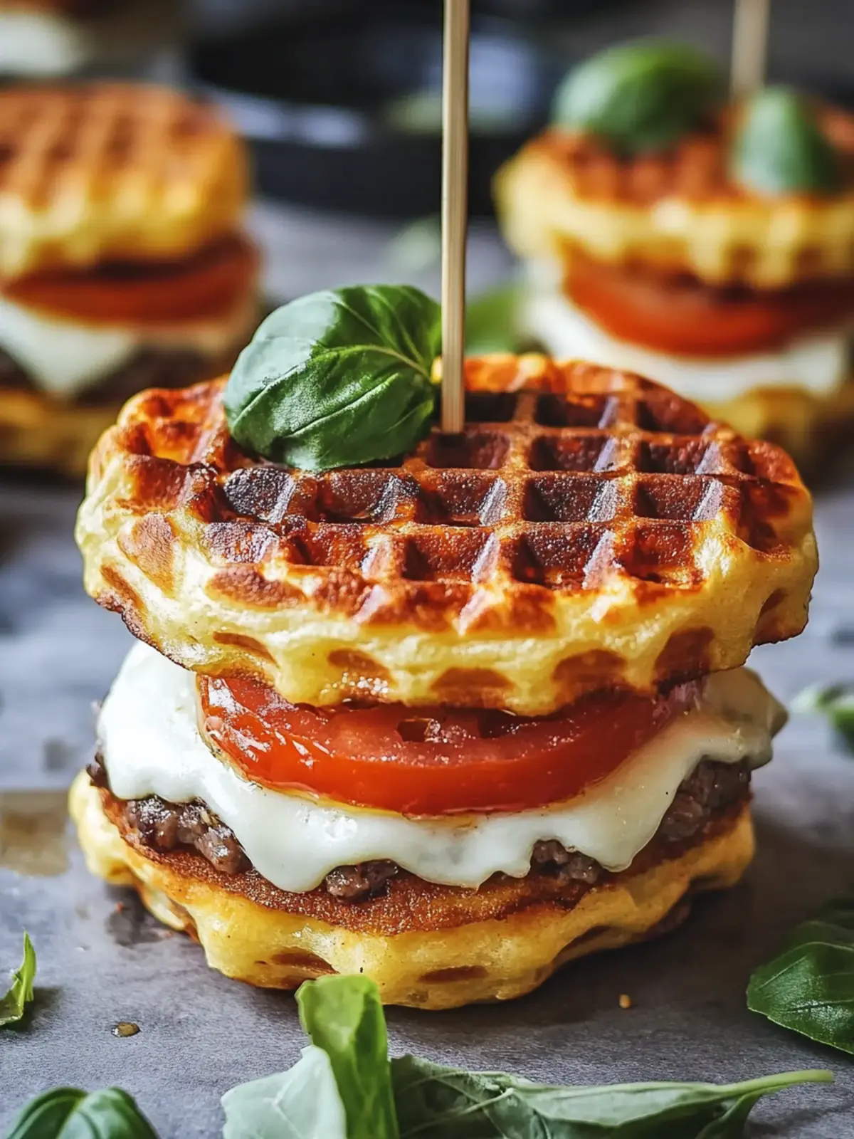 Mini Waffel Burger mit Tomate und Mozzarella