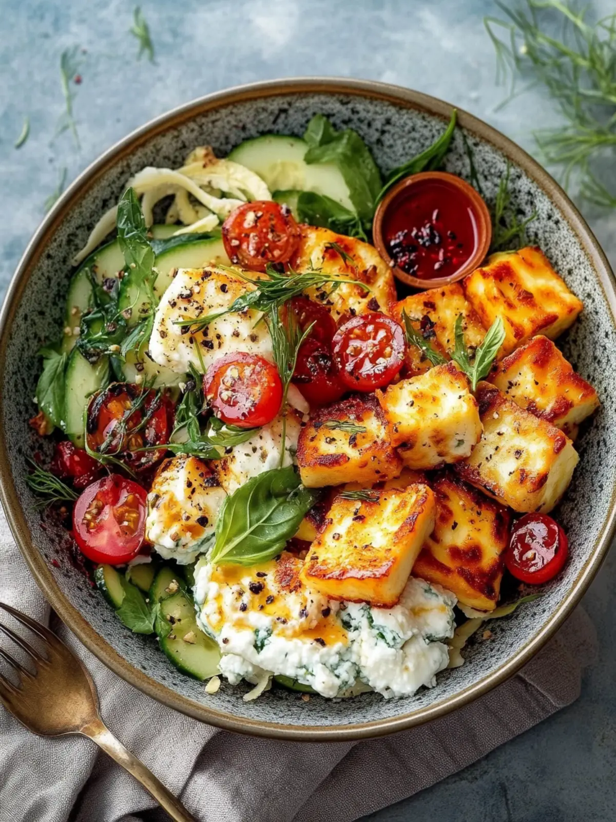Knusprige Halloumi Gemüse Reis Schüssel