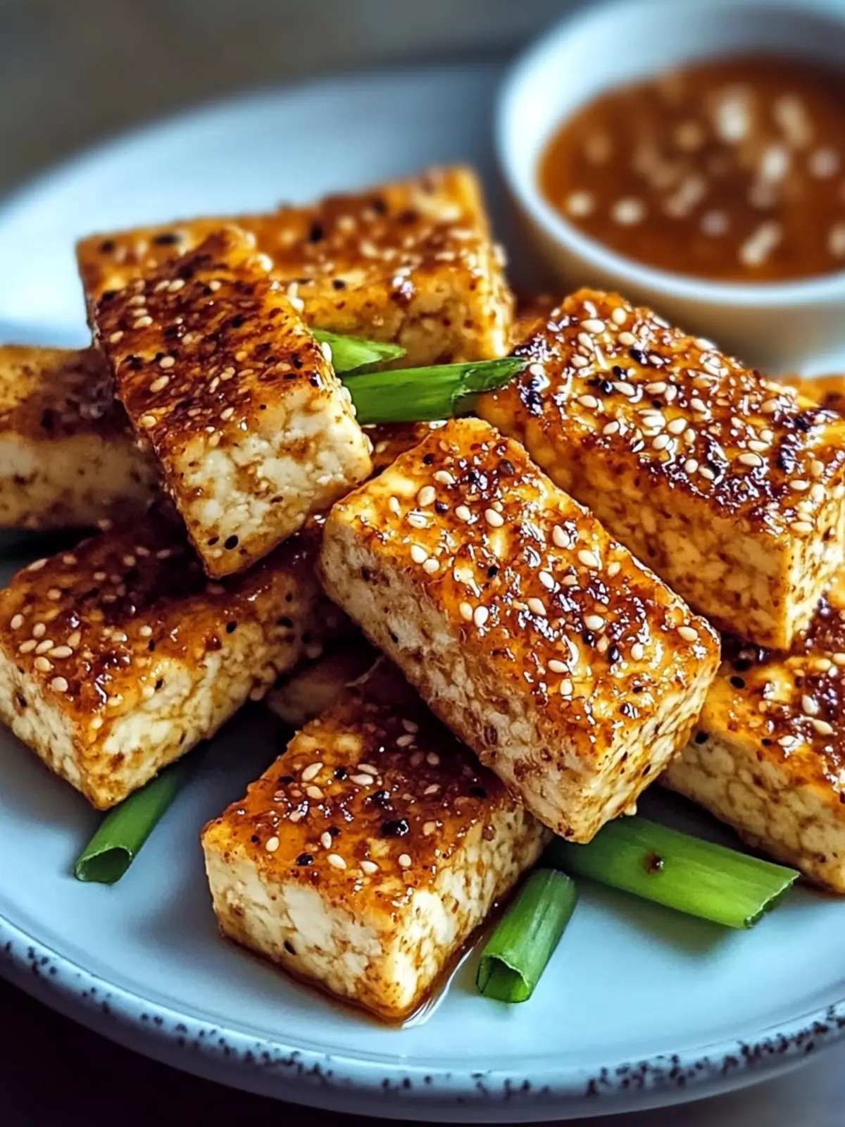 knusprige gebackene Honig-Senf Tofu-Streifen