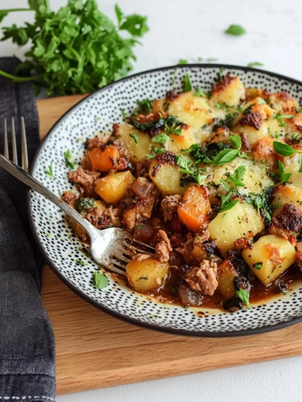 Kartoffelbrei-Auflauf mit Fleisch und Gemüse