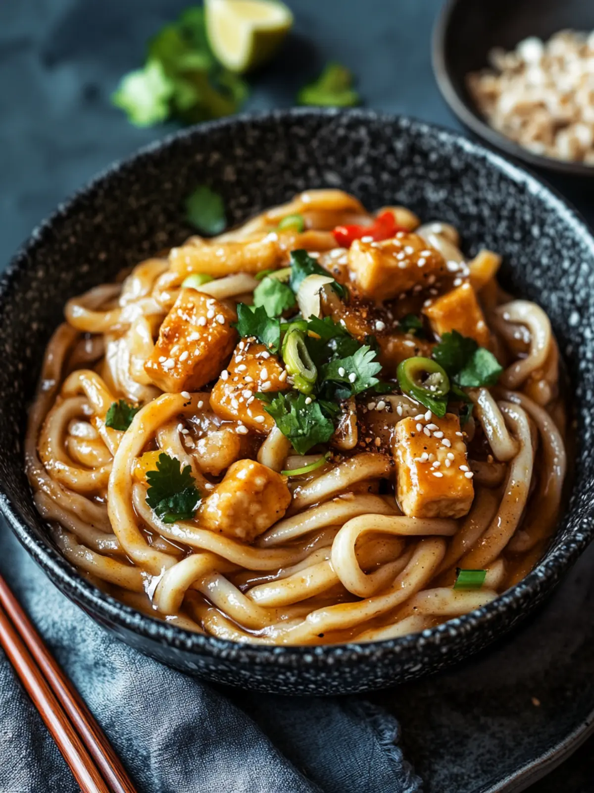 Udon-Nudeln mit Erdnusssauce und Tofu
