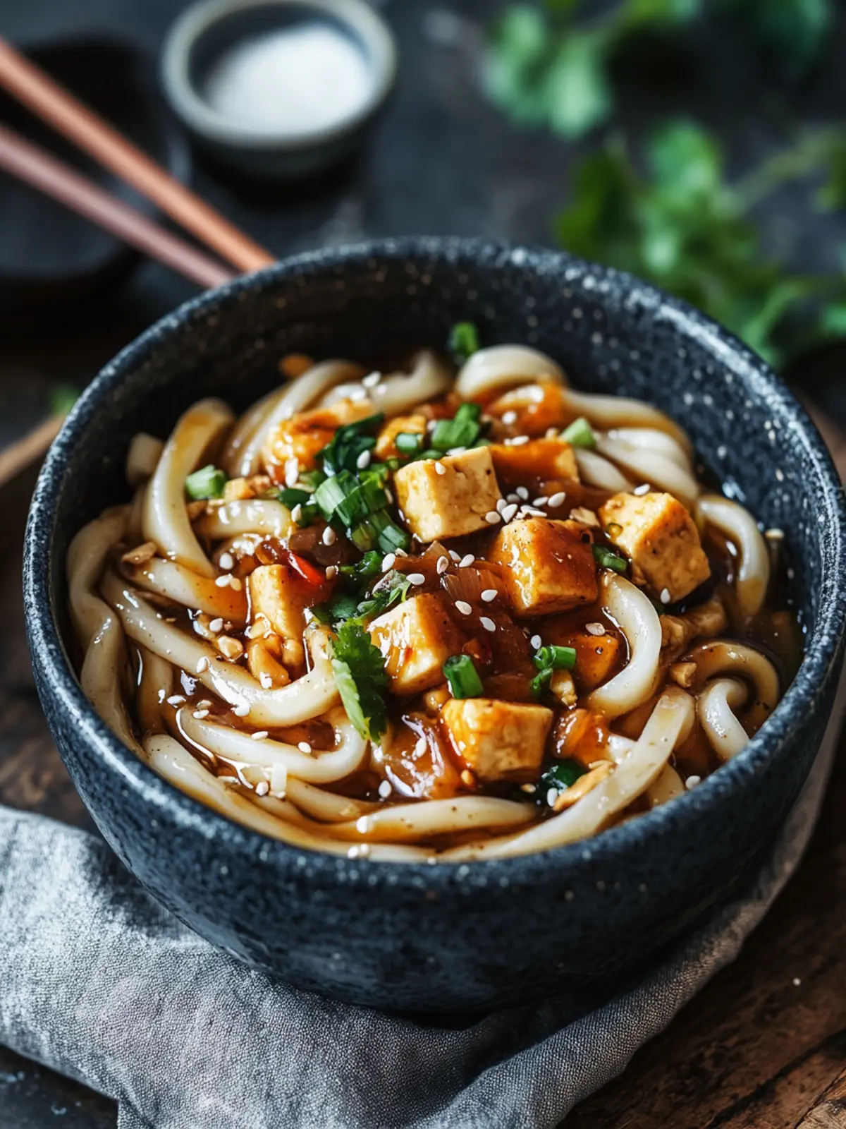 Udon-Nudeln mit Erdnusssauce und Tofu