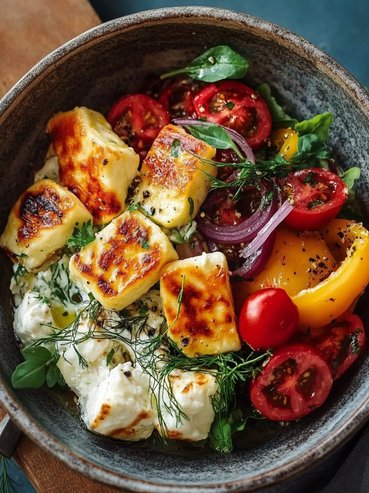 Knusprige Halloumi Gemüse Reis Schüssel