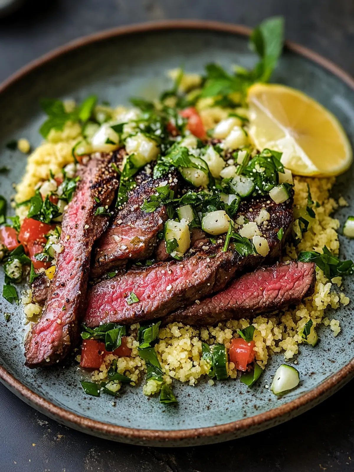 Gegrilltes Bavette-Steak mit Kräuter-Zitronen-Couscous-Salat