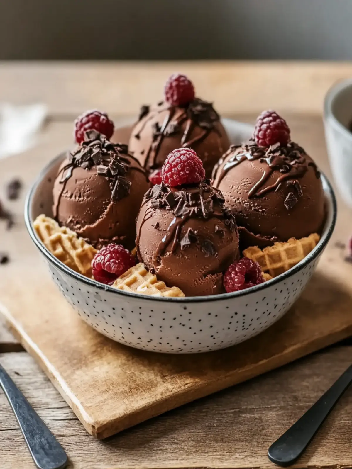 Portioniere das Schokoladen-Semifreddo in Bällchen und serviere sie in Waffelhörnchen