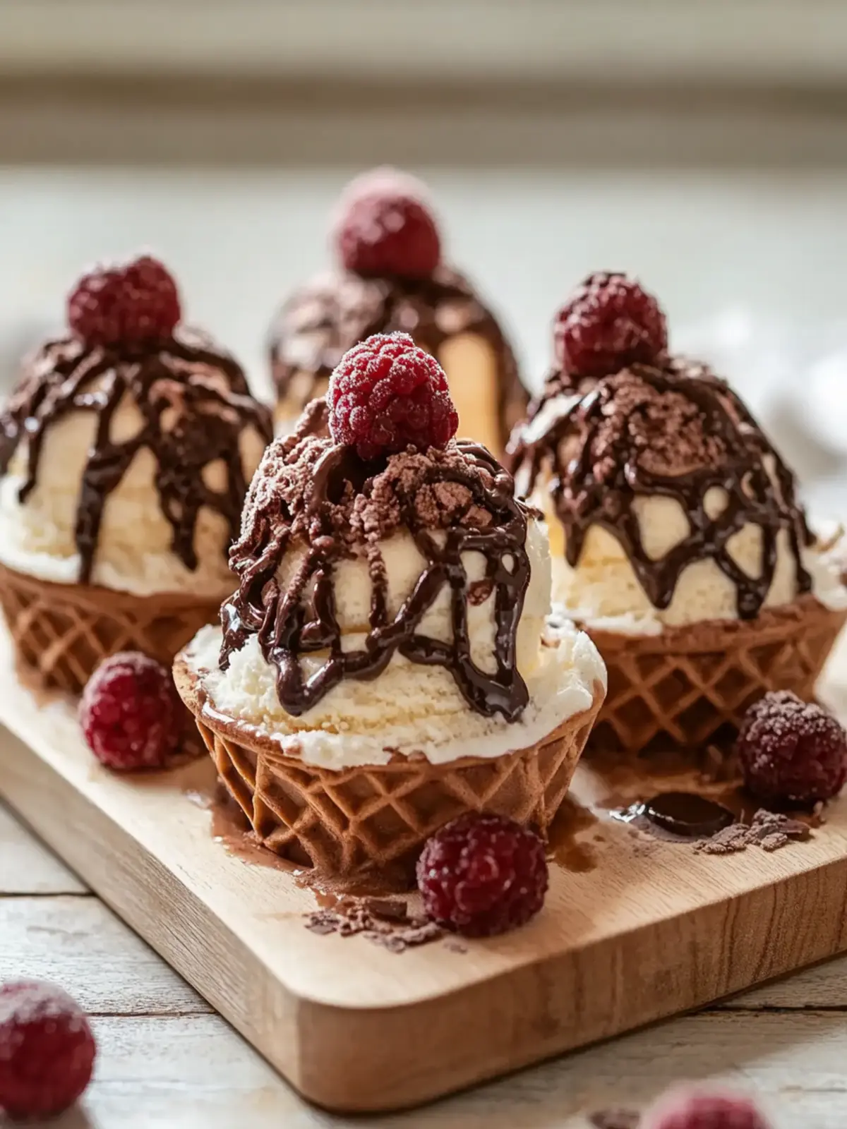 Portioniere das Schokoladen-Semifreddo in Bällchen und serviere sie in Waffelhörnchen