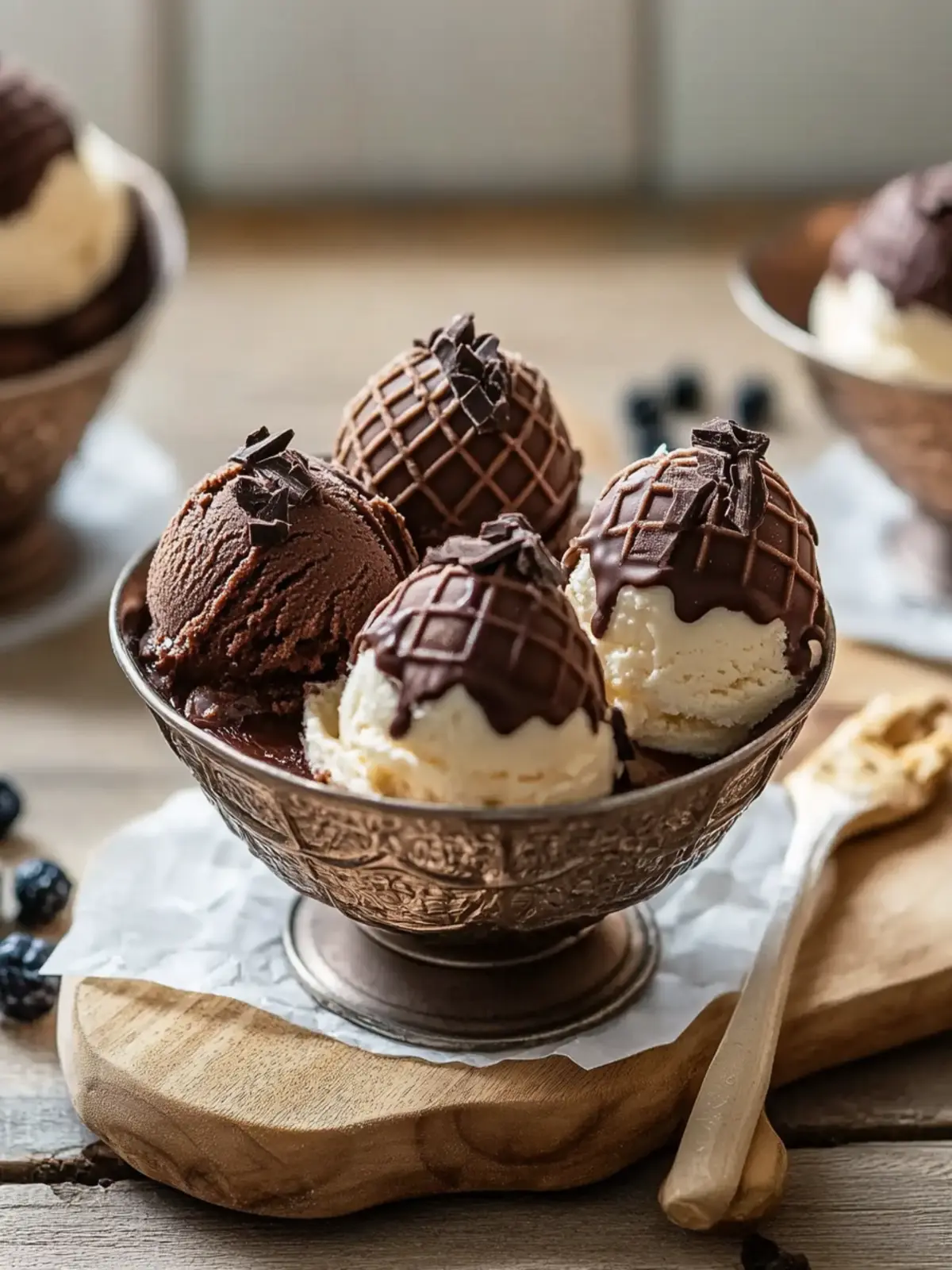 Portioniere das Schokoladen-Semifreddo in Bällchen und serviere sie in Waffelhörnchen