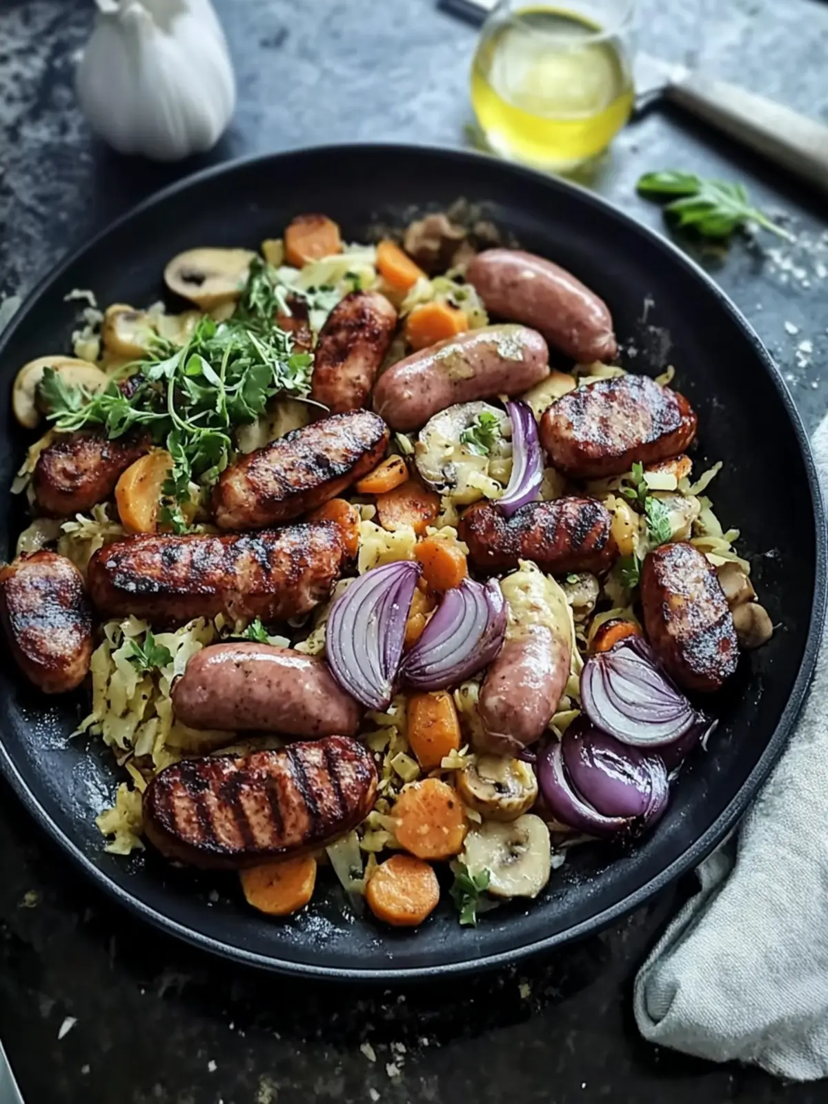 Herzhafter Wurst- und Kohl-Pfannenmix mit Pilzen