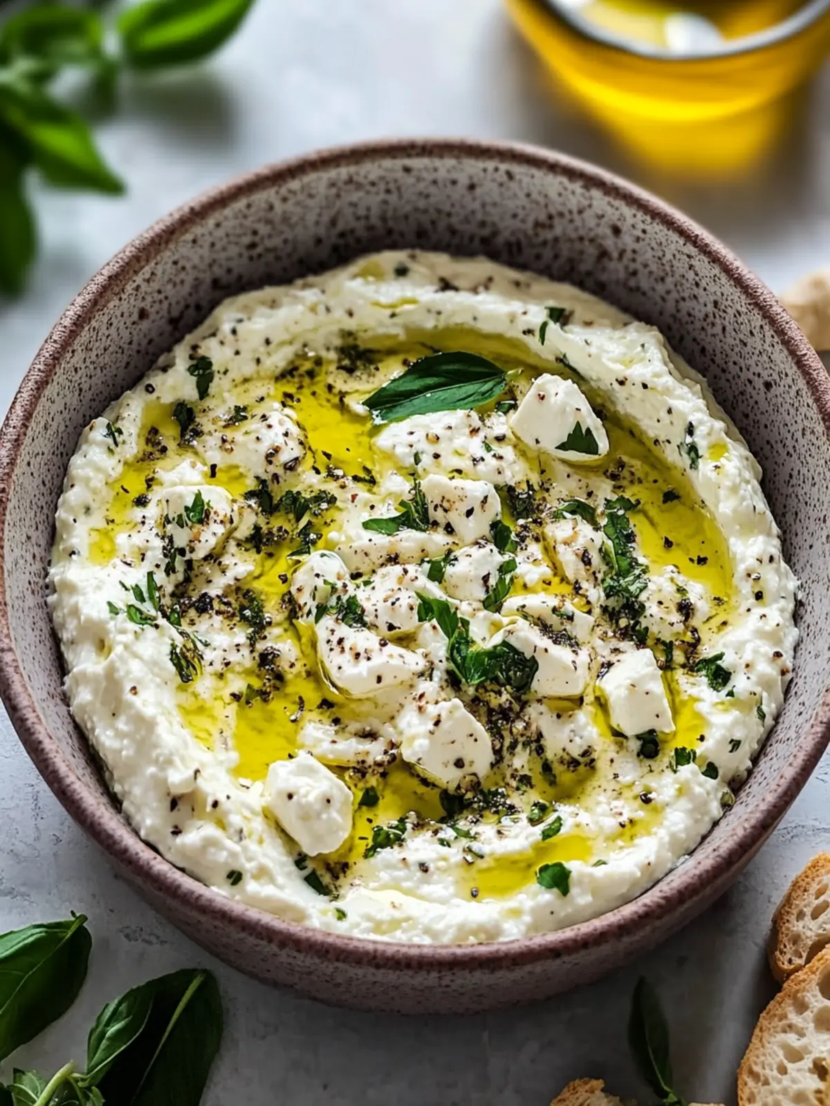 Genießen Sie dieses einfache Rezept für Kräuter- und Fetadip mit Olivenöl