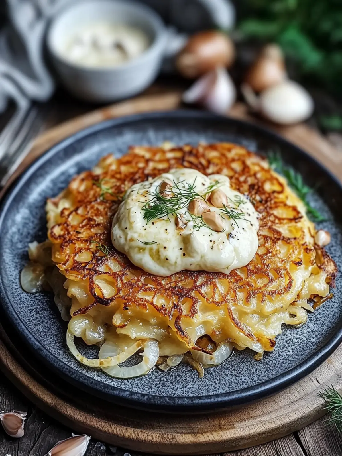 Entdecken Sie Mozzarella-Rösti mit cremiger Zwiebel- und Pilzsauce.