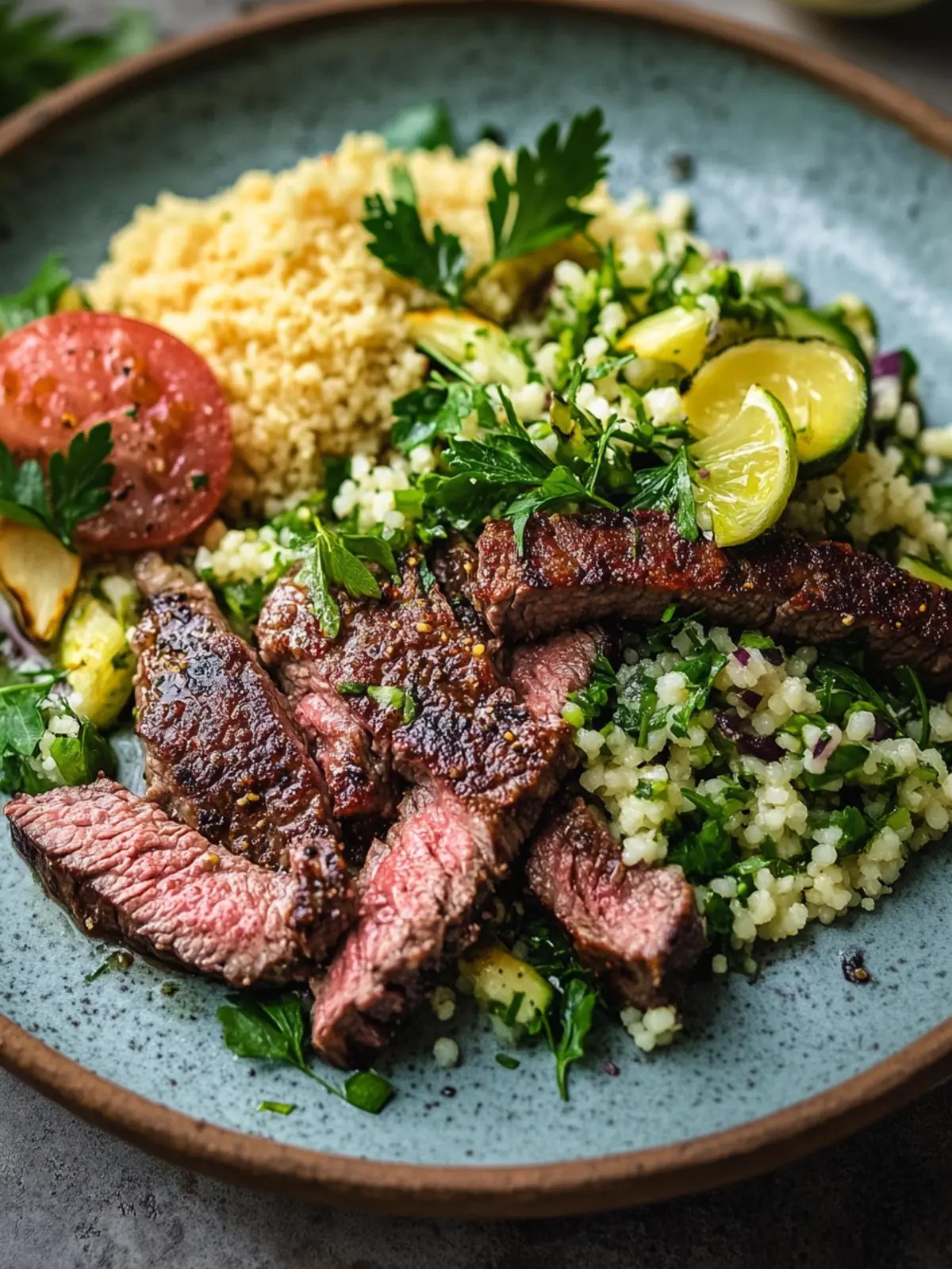Gegrilltes Bavette-Steak mit Kräuter-Zitronen-Couscous-Salat