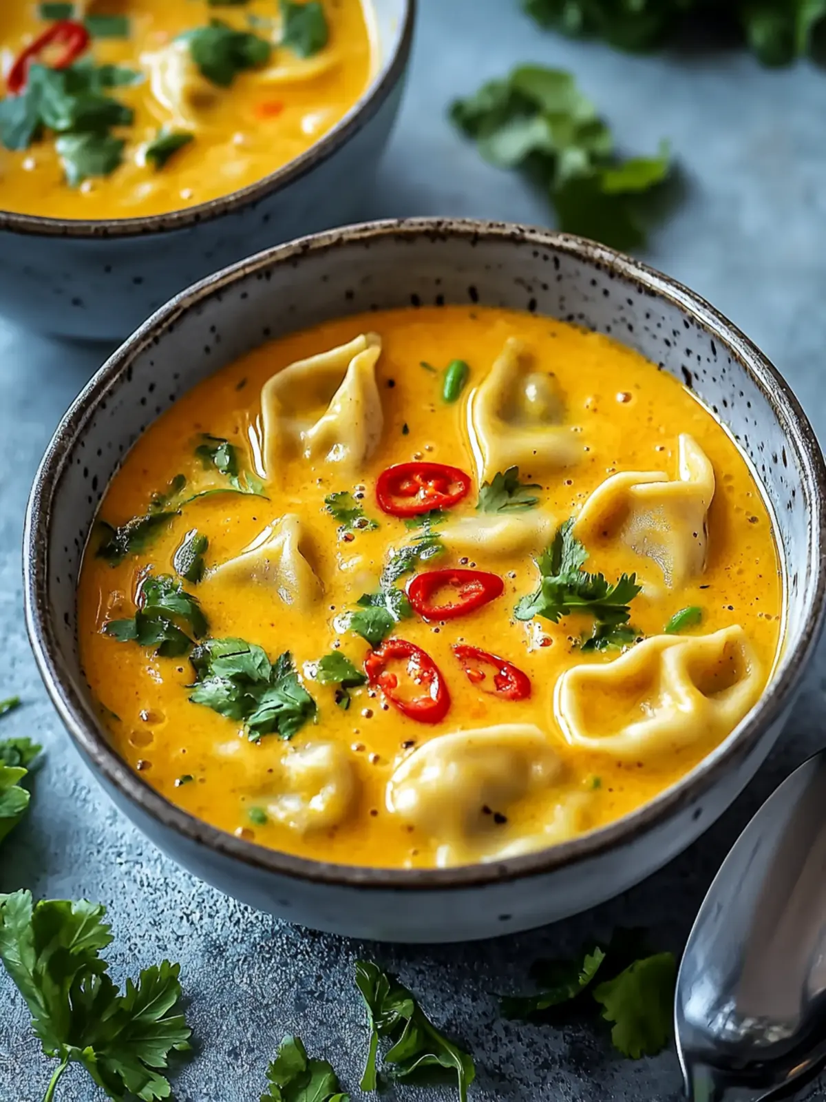 Leckere Curry-Teigtaschen-Suppe