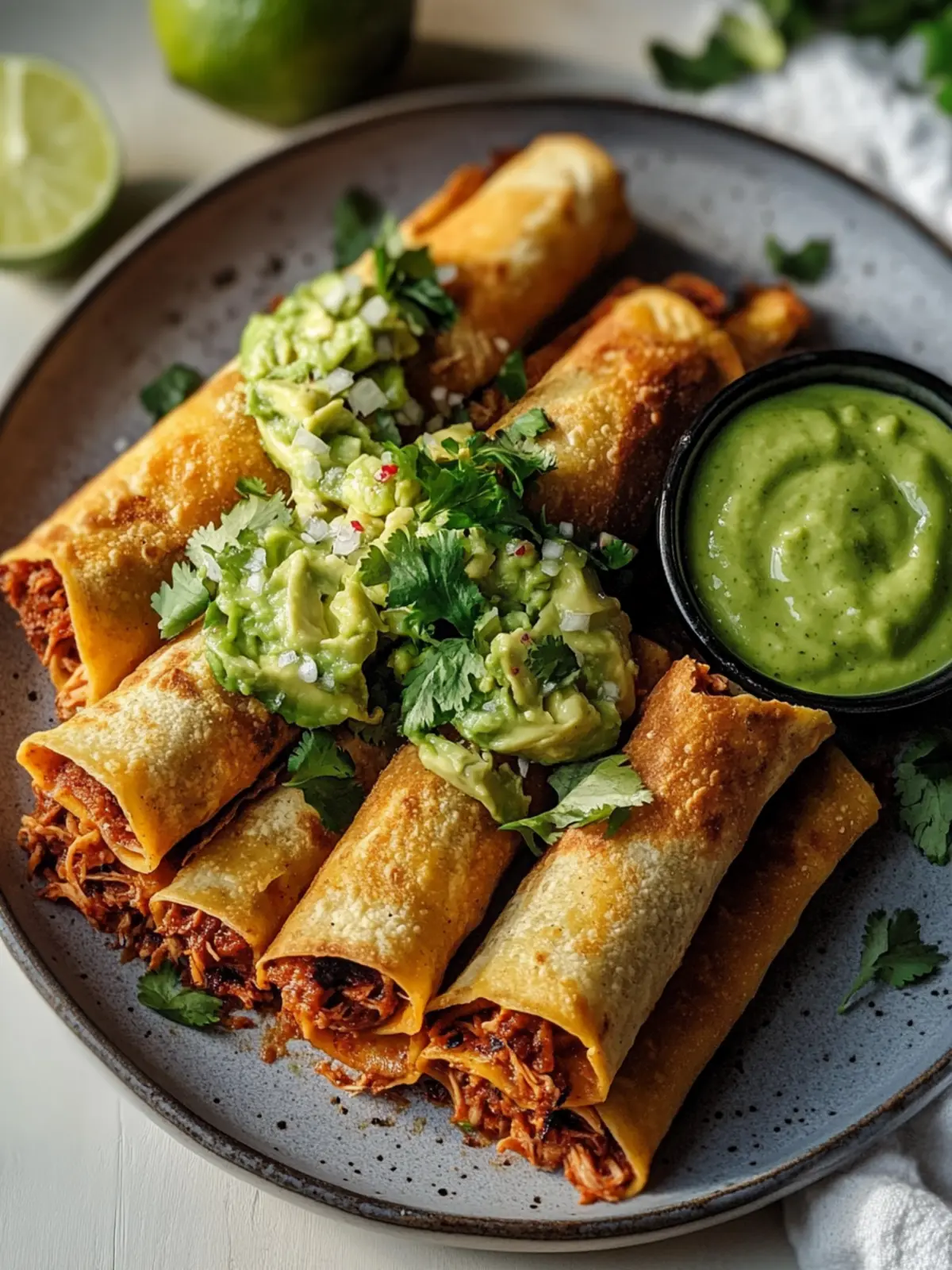 Leckere zerrissene Rindfleisch-Flautas mit cremiger Avocadosauce