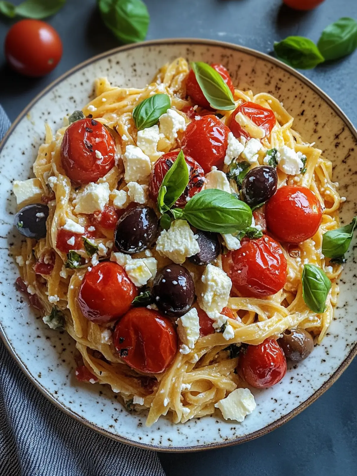 griechische Reisnudeln mit Tomaten, Feta und Oliven