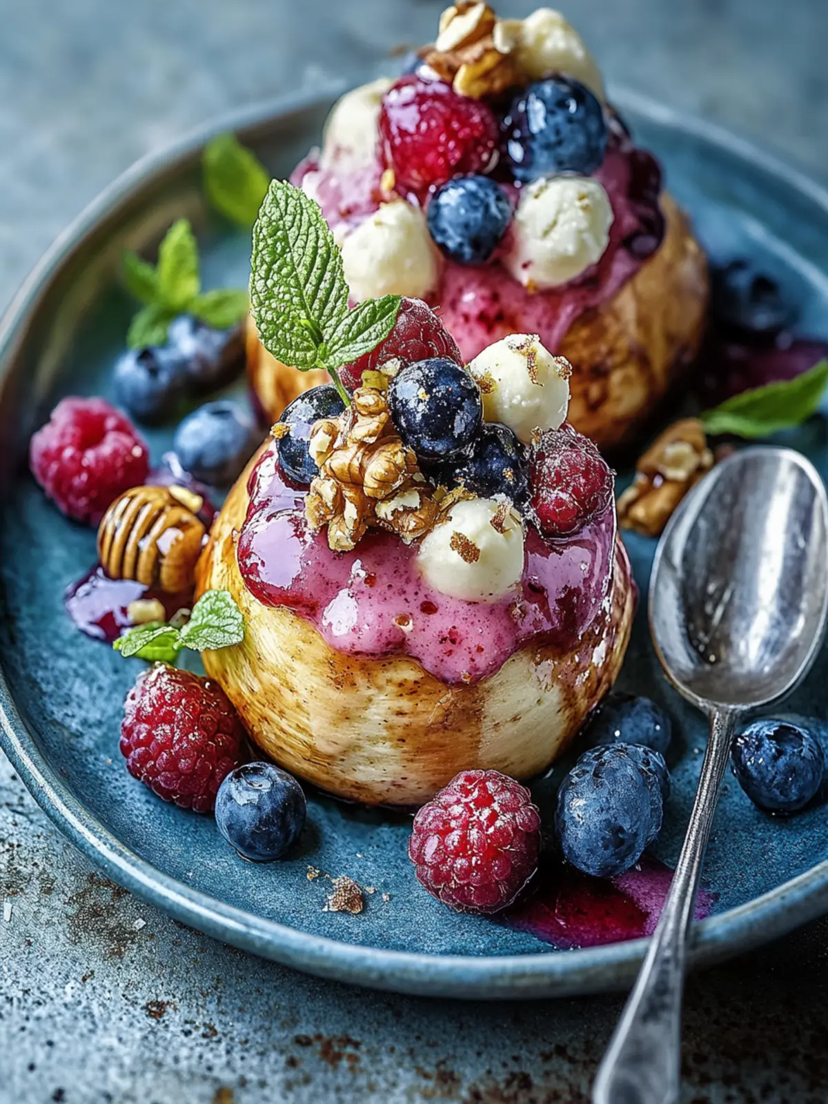 Gebackene Birnen mit Beeren, Honig, Walnüssen und Blauschimmelkäse
