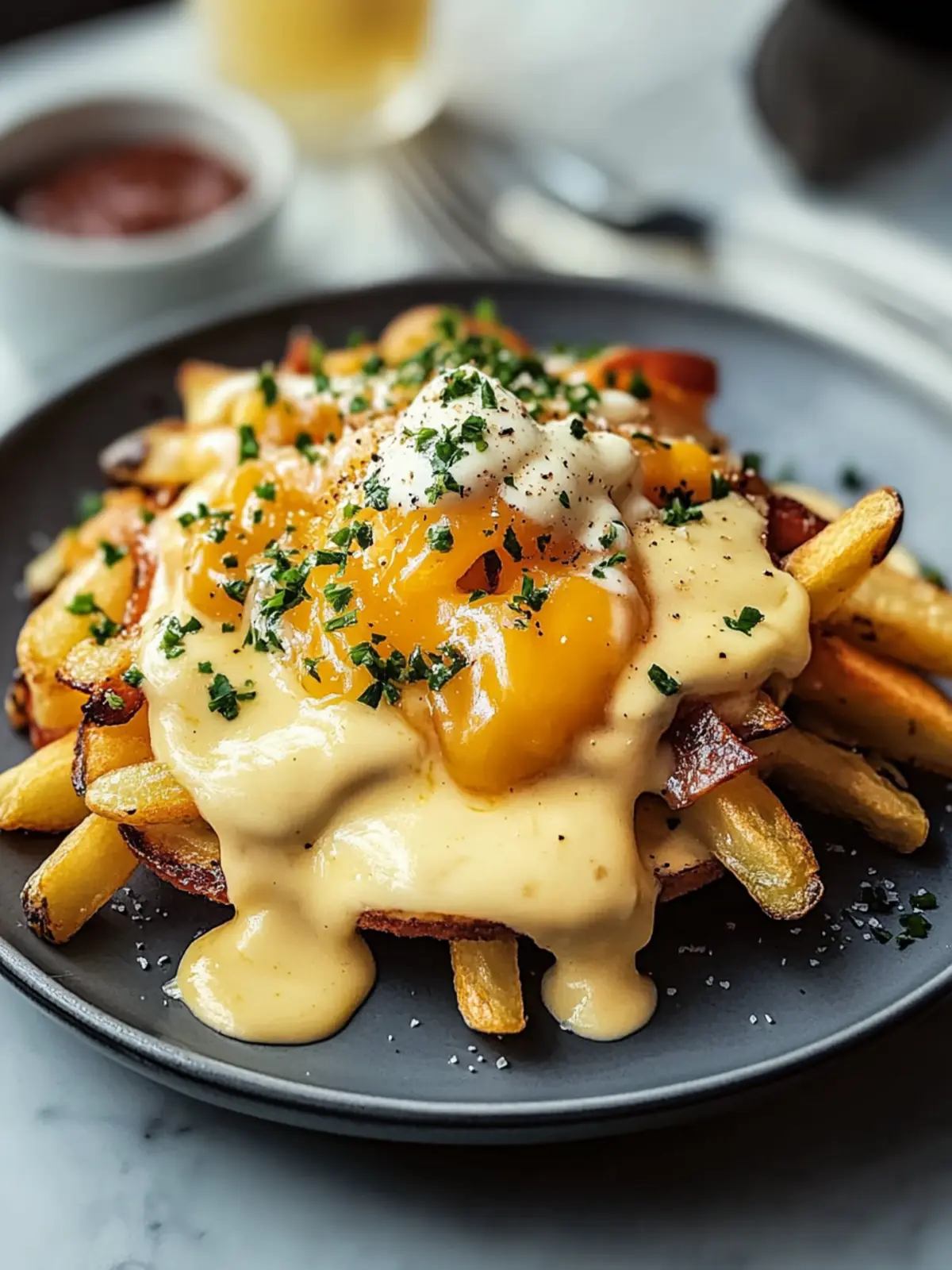 Frühstücks-Poutine mit cremiger Hollandaise-Sauce