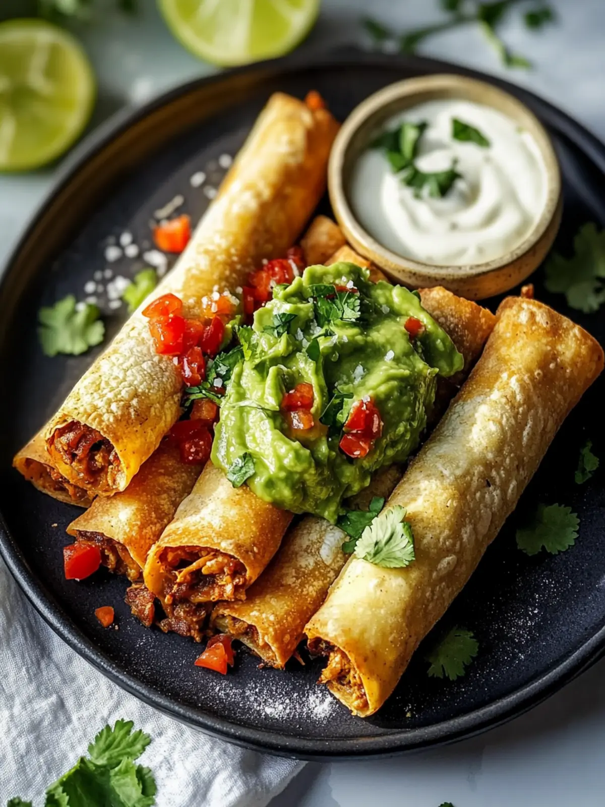 Leckere zerrissene Rindfleisch-Flautas mit cremiger Avocadosauce