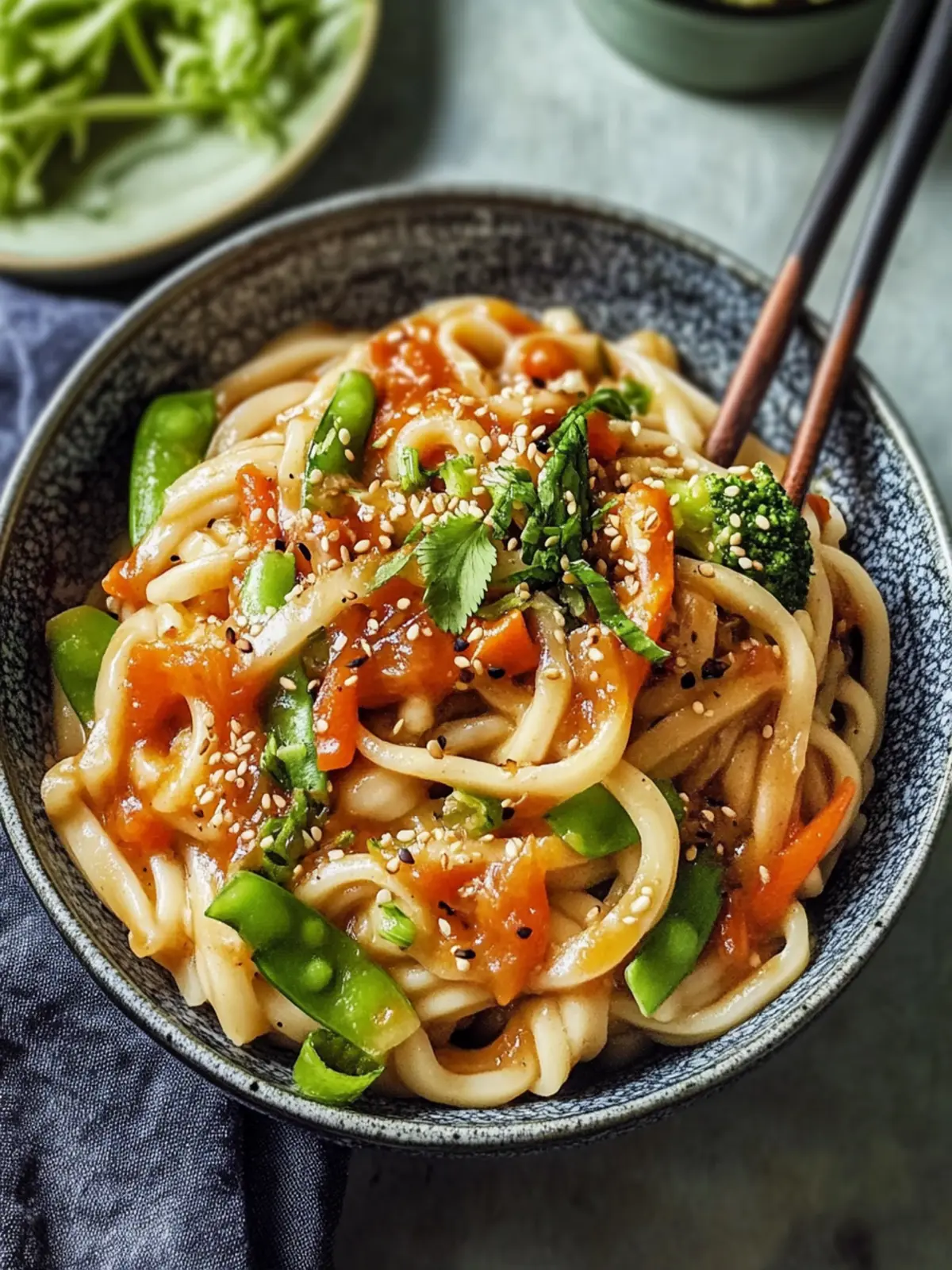 Udon-Nudeln mit Erdnusssauce und Gemüse