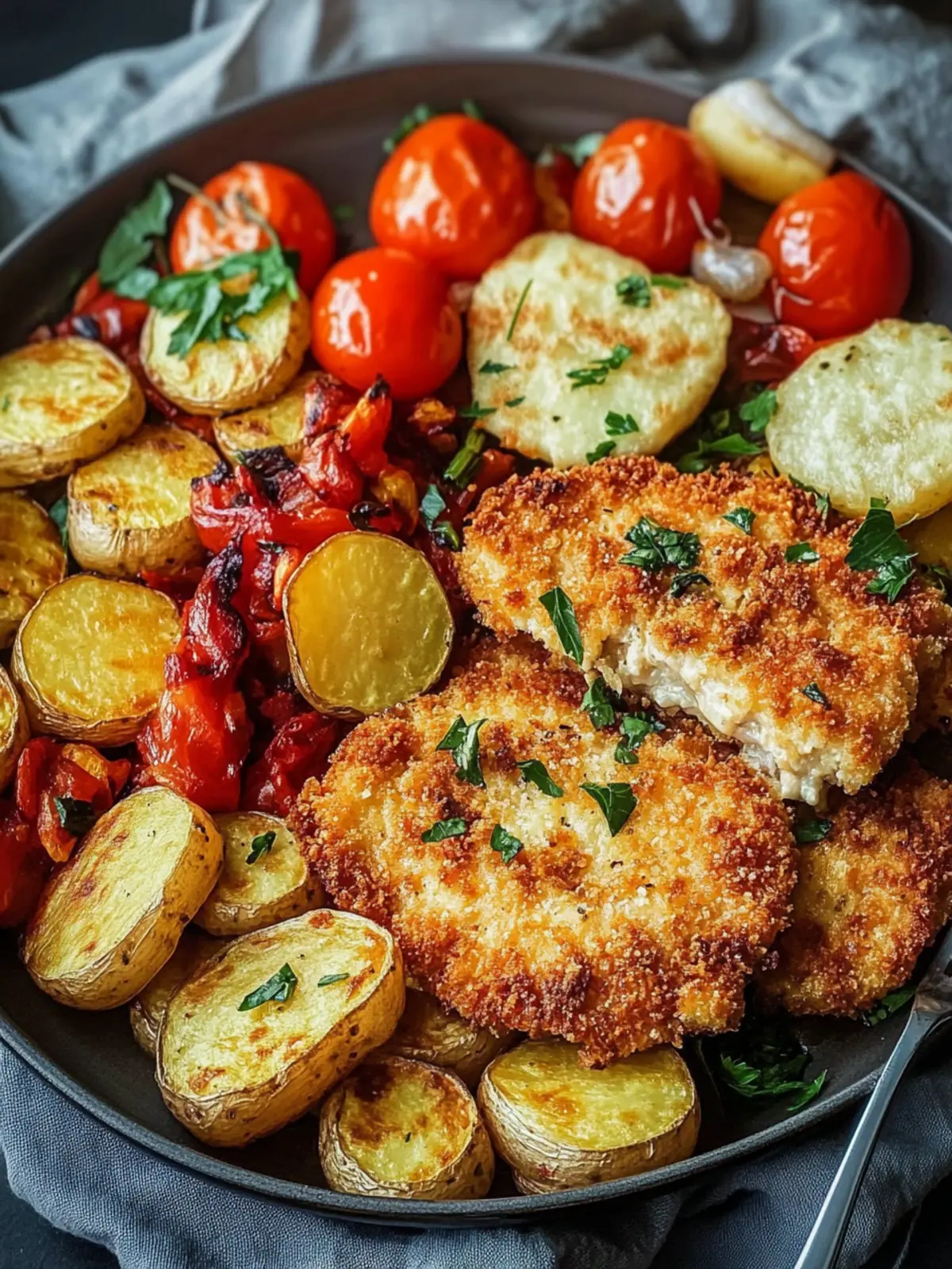Panierte Parmesan-Hähnchenschnitzel aus dem Ofen mit Gemüse und Kartoffelspalten
