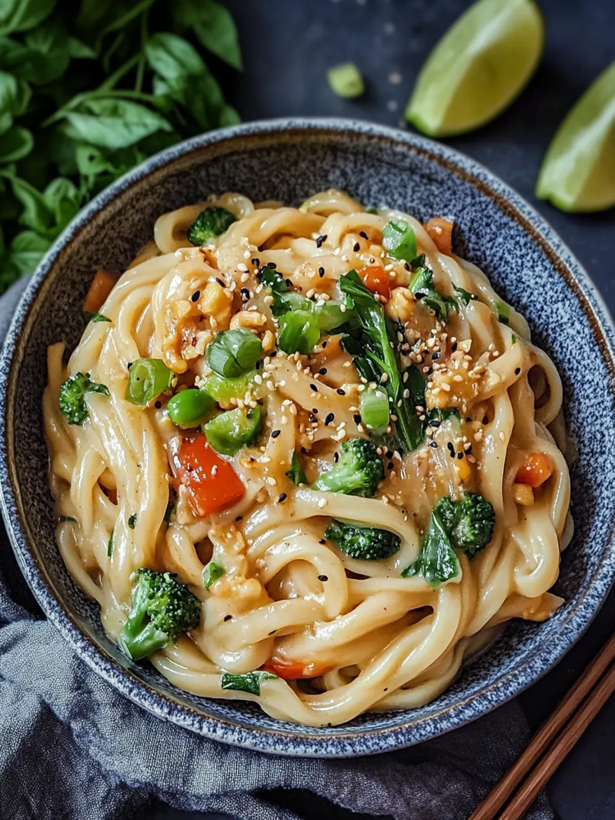 Udon-Nudeln mit Erdnusssauce und Gemüse