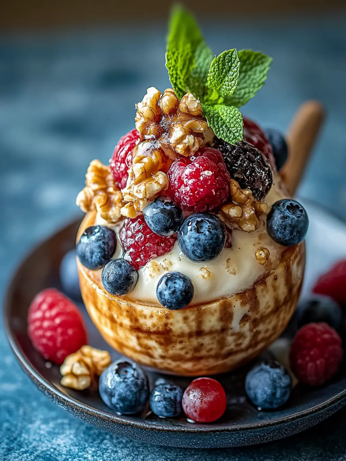 Gebackene Birnen mit Beeren, Honig, Walnüssen und Blauschimmelkäse