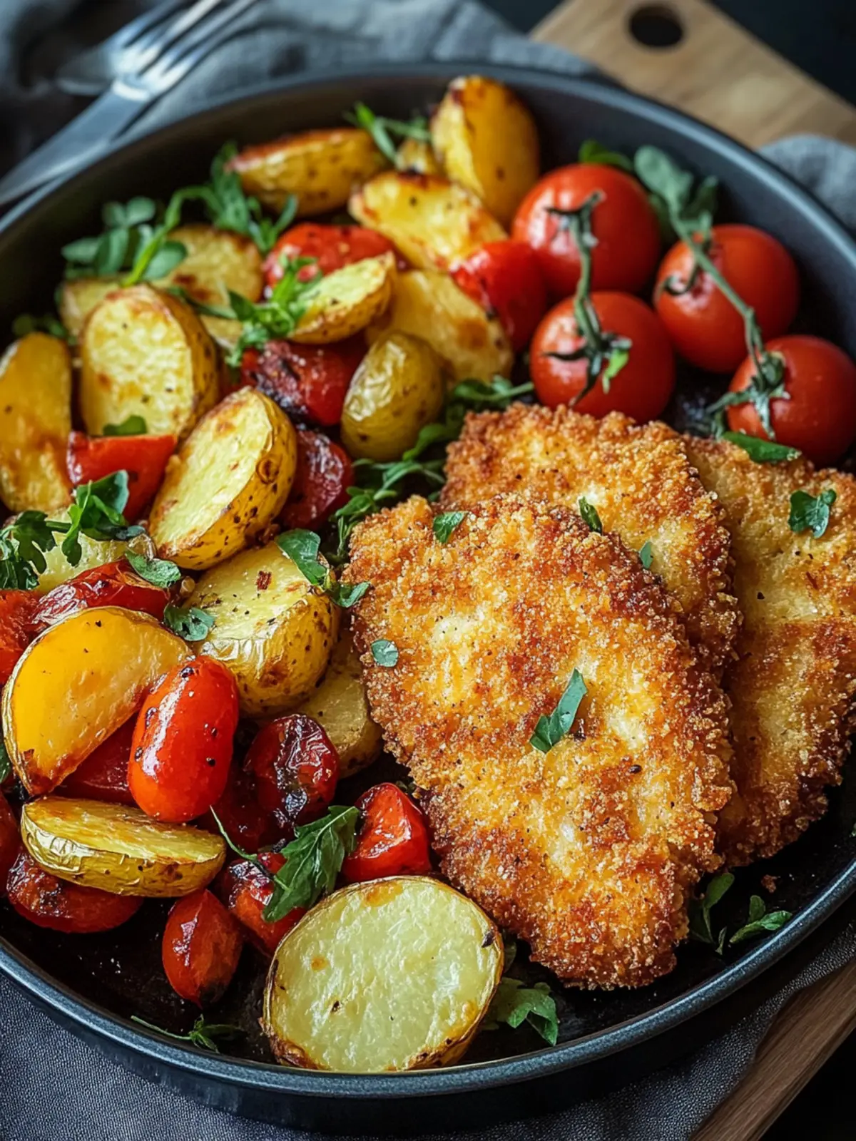 Panierte Parmesan-Hähnchenschnitzel aus dem Ofen mit Gemüse und Kartoffelspalten