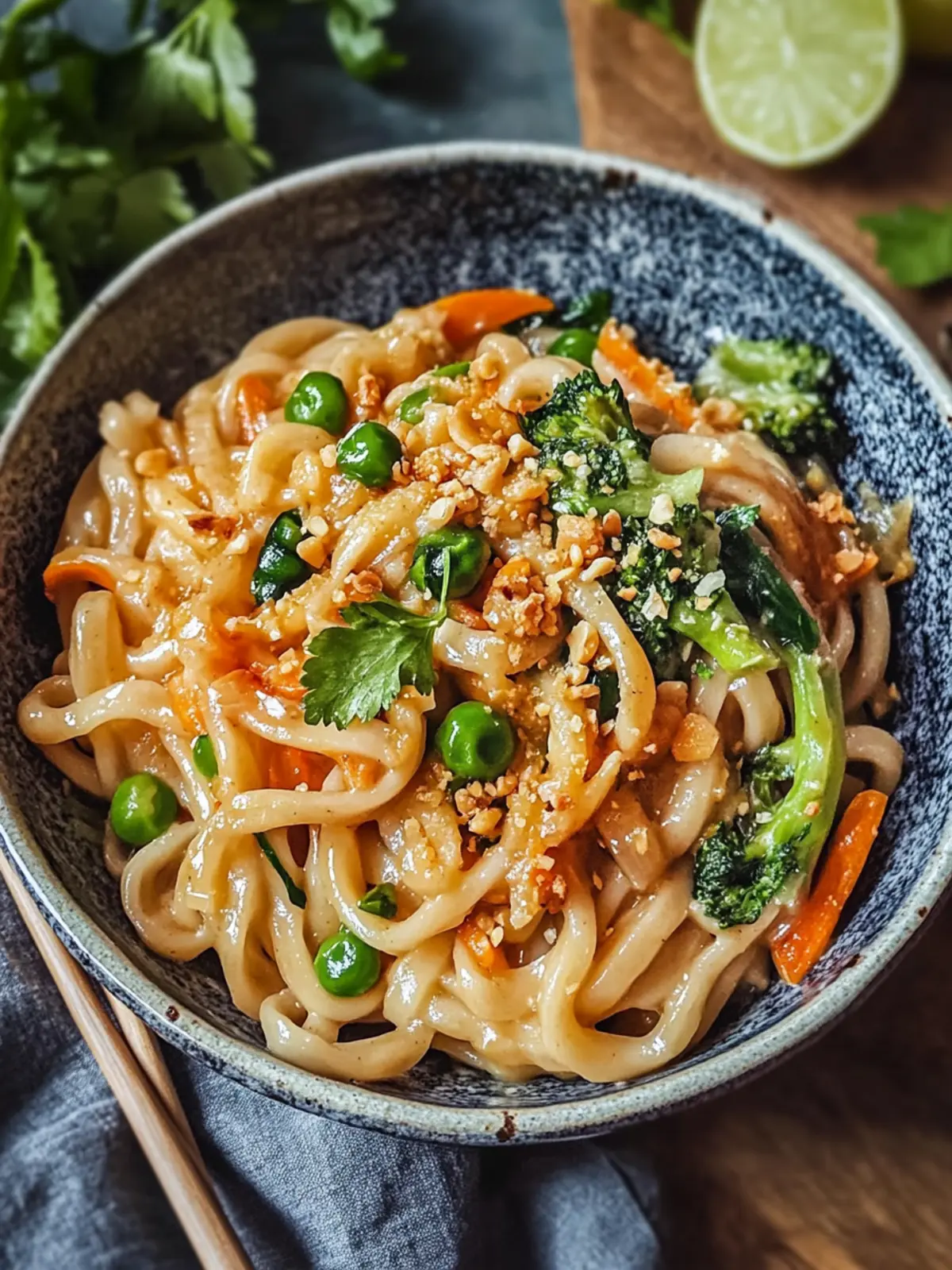 Udon-Nudeln mit Erdnusssauce und Gemüse