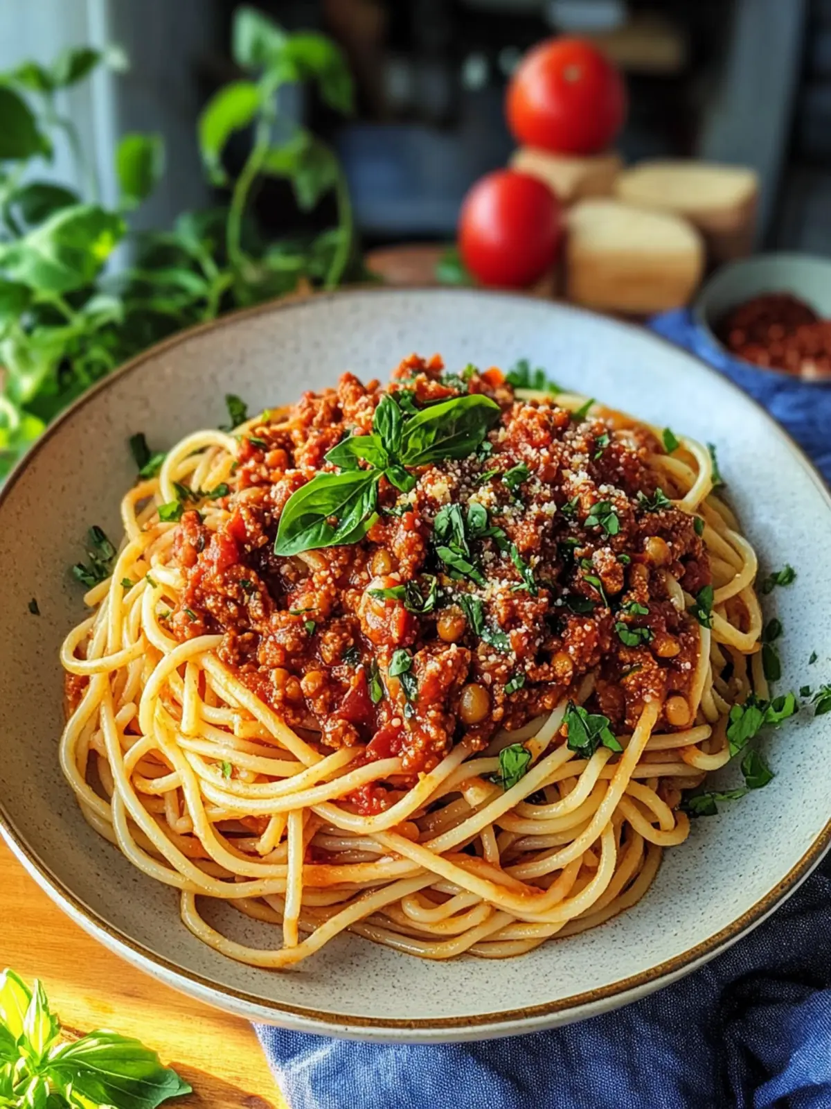 Vegane Linsen-Bolognese mit Spaghetti