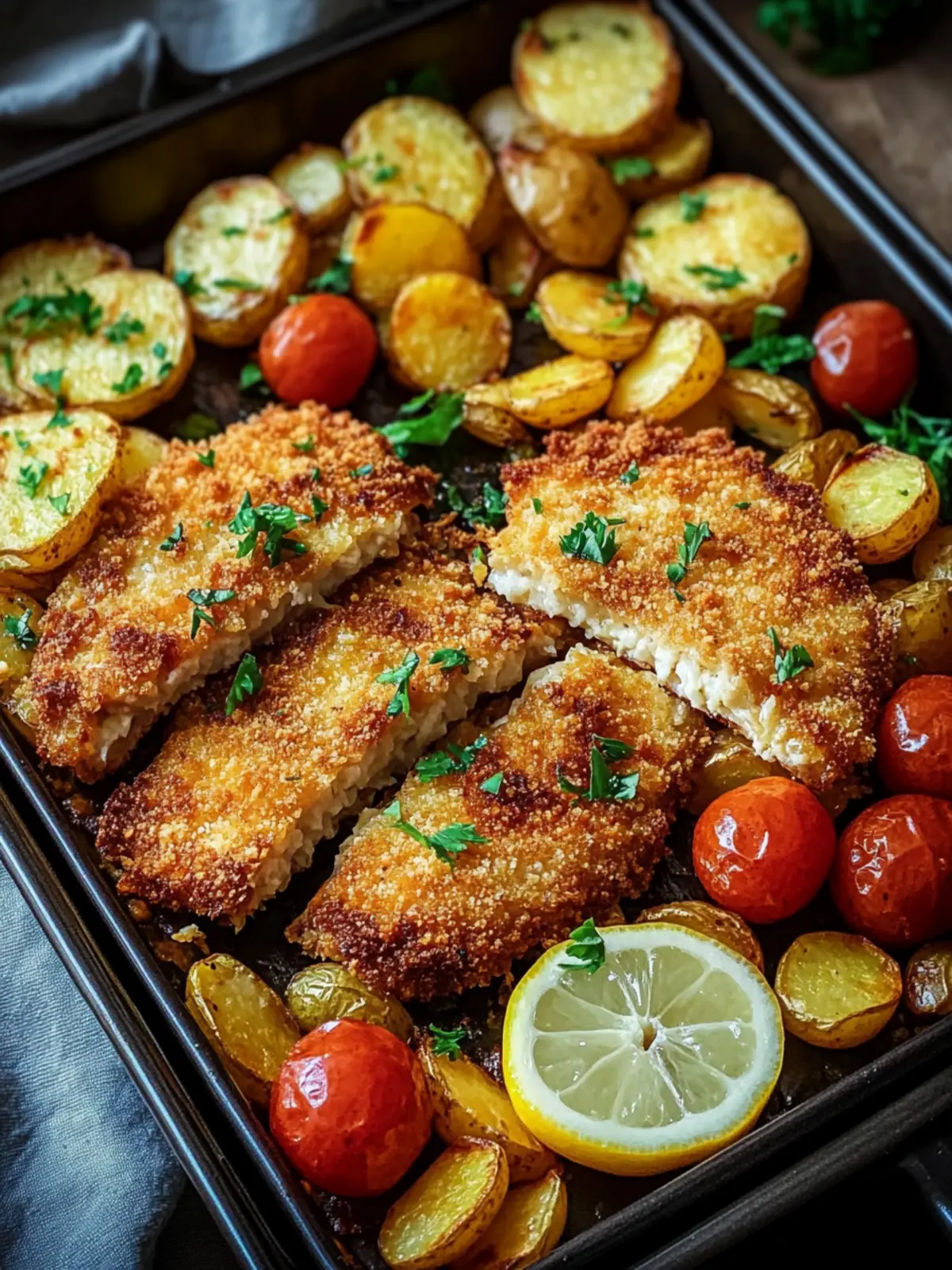 Panierte Parmesan-Hähnchenschnitzel aus dem Ofen mit Gemüse und Kartoffelspalten