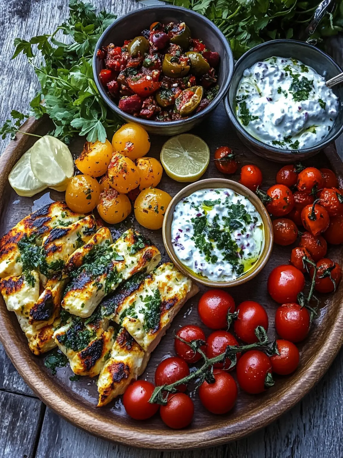 Mediterrane Hähnchenspieße mit Mezze-Platte