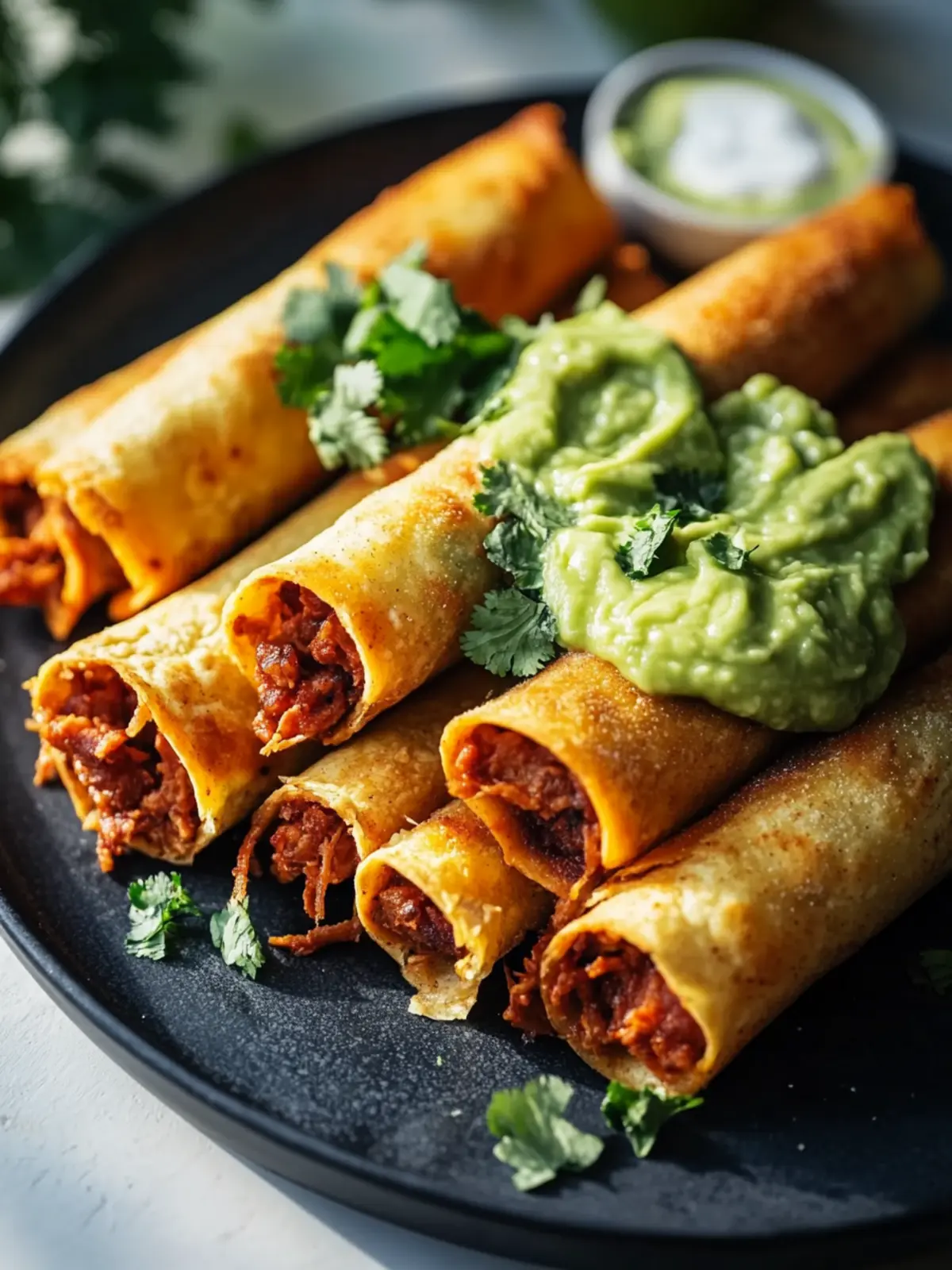 Leckere zerrissene Rindfleisch-Flautas mit cremiger Avocadosauce